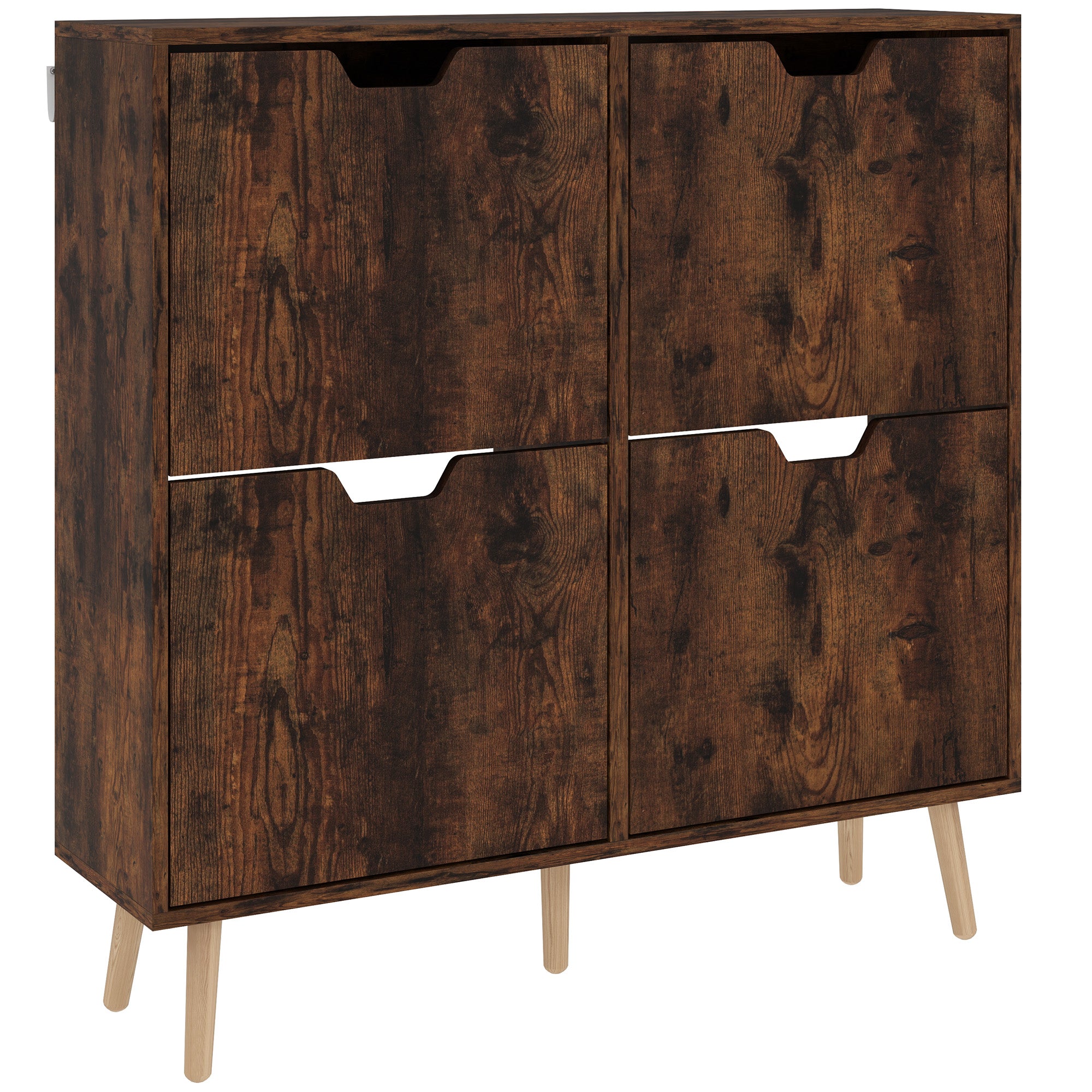 Entry Shoe Cabinet with 4 Flip-Top Drawers, 2 Levels for 16 Pairs of Shoes, Space-Saving Shoe Cabinet with Adjustable Shelves in Chipboard and Pine Wood, 95x26x95 cm, Brown
