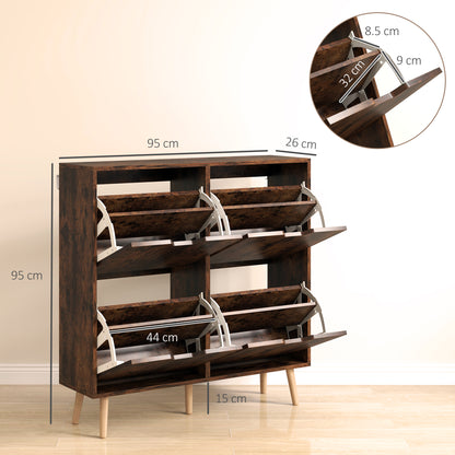 Entry Shoe Cabinet with 4 Flip-Top Drawers, 2 Levels for 16 Pairs of Shoes, Space-Saving Shoe Cabinet with Adjustable Shelves in Chipboard and Pine Wood, 95x26x95 cm, Brown