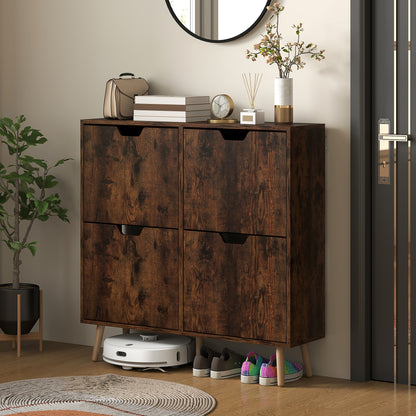 Entry Shoe Cabinet with 4 Flip-Top Drawers, 2 Levels for 16 Pairs of Shoes, Space-Saving Shoe Cabinet with Adjustable Shelves in Chipboard and Pine Wood, 95x26x95 cm, Brown