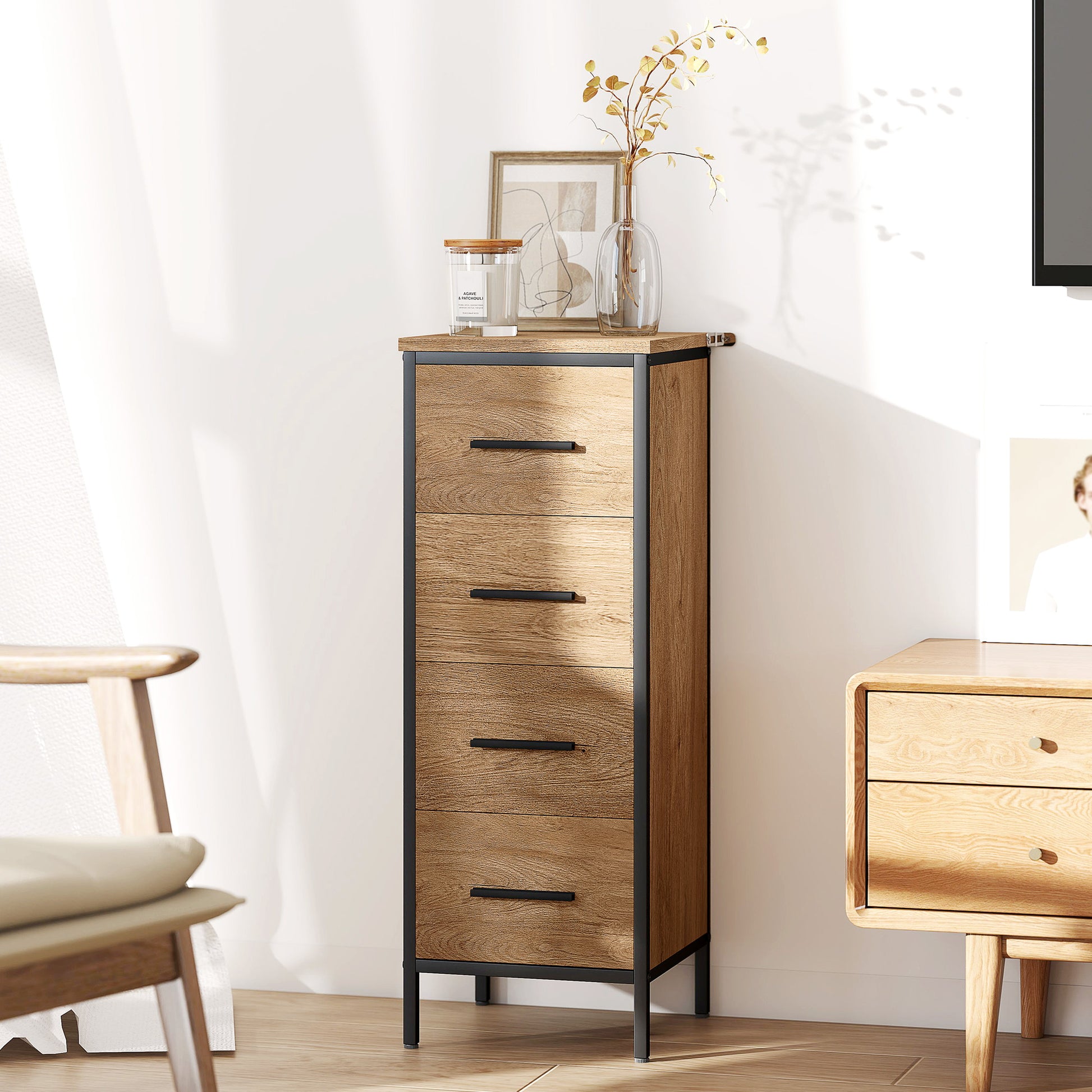 Bathroom Cabinet Narrow Bathroom Unit with 4 Drawers and Steel Frame 11.8x11.8x32.3 inches Oak