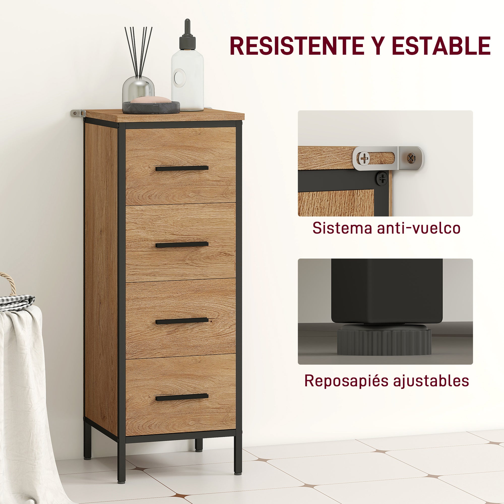 Bathroom Cabinet Narrow Bathroom Unit with 4 Drawers and Steel Frame 11.8x11.8x32.3 inches Oak