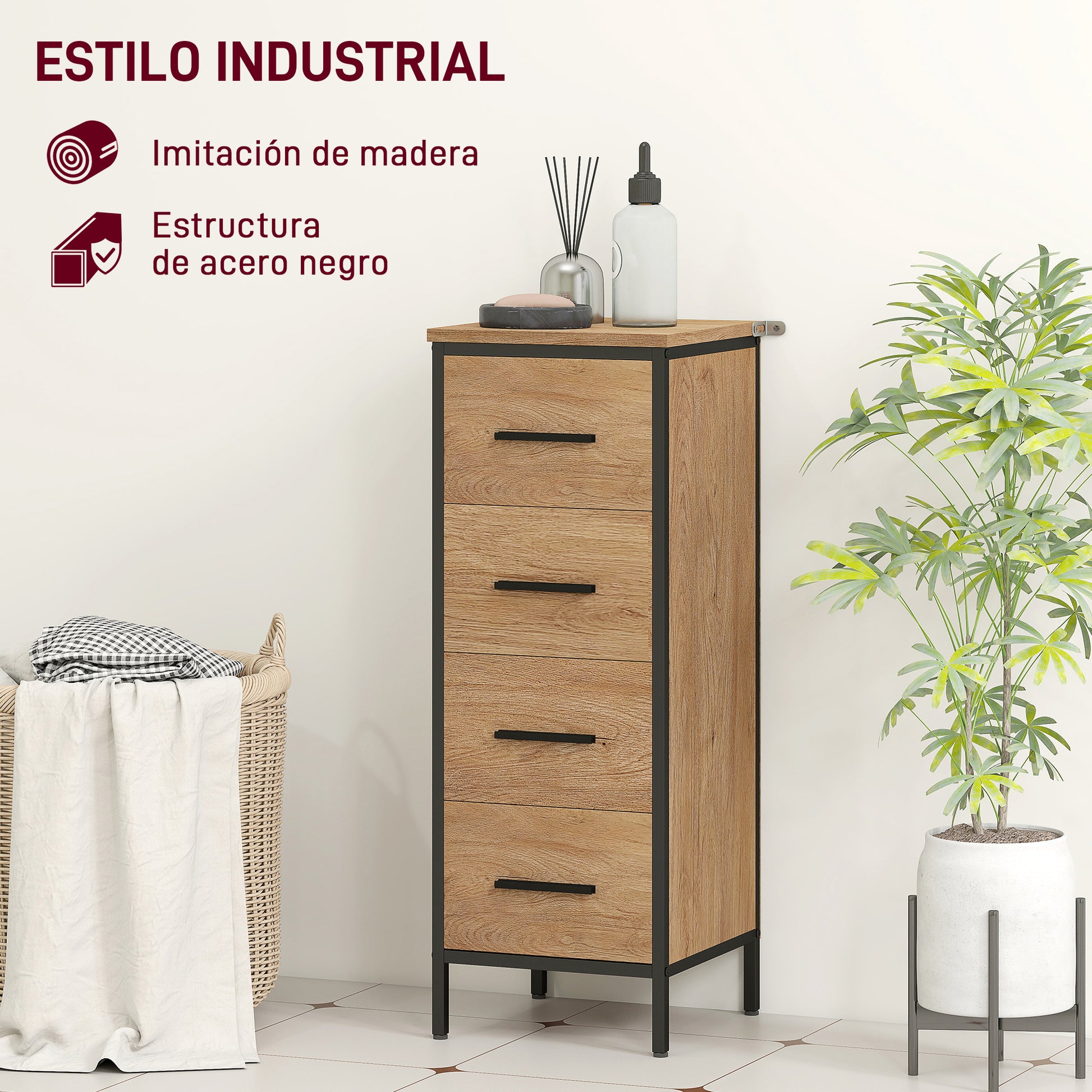 Bathroom Cabinet Narrow Bathroom Unit with 4 Drawers and Steel Frame 11.8x11.8x32.3 inches Oak