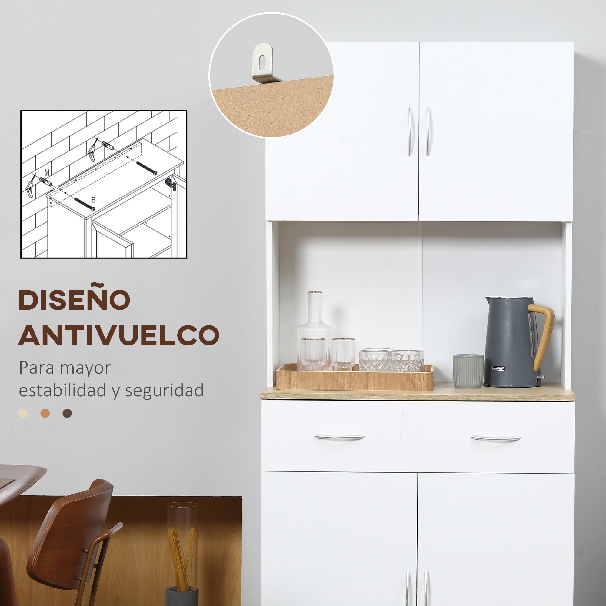 Kitchen Pantry Cabinet Kitchen Auxiliar Cabinet with Doors Drawer and Adjustable Shelves Anti-Tip for Dining Room Living Room 80x40x180 cm White