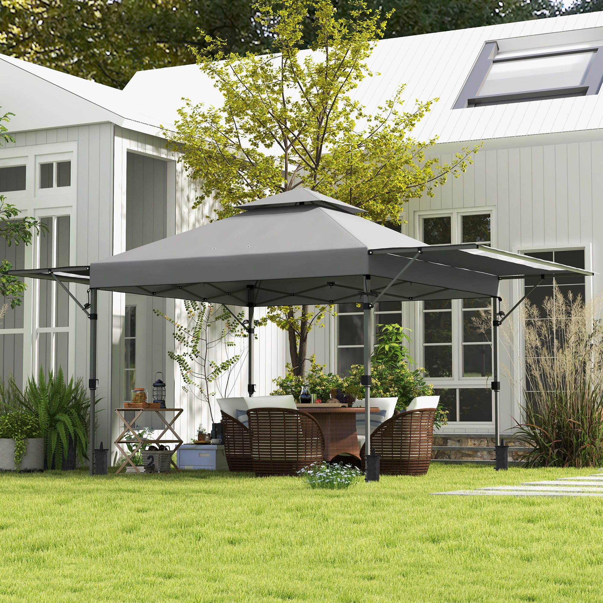 Pop-up Garden Gazebo Folding Pavilion 5 x 3 m, Oxford Fabric with 2 Adjustable Side Walls, Easy to Assemble, Includes Transport Bag with Wheels Gray