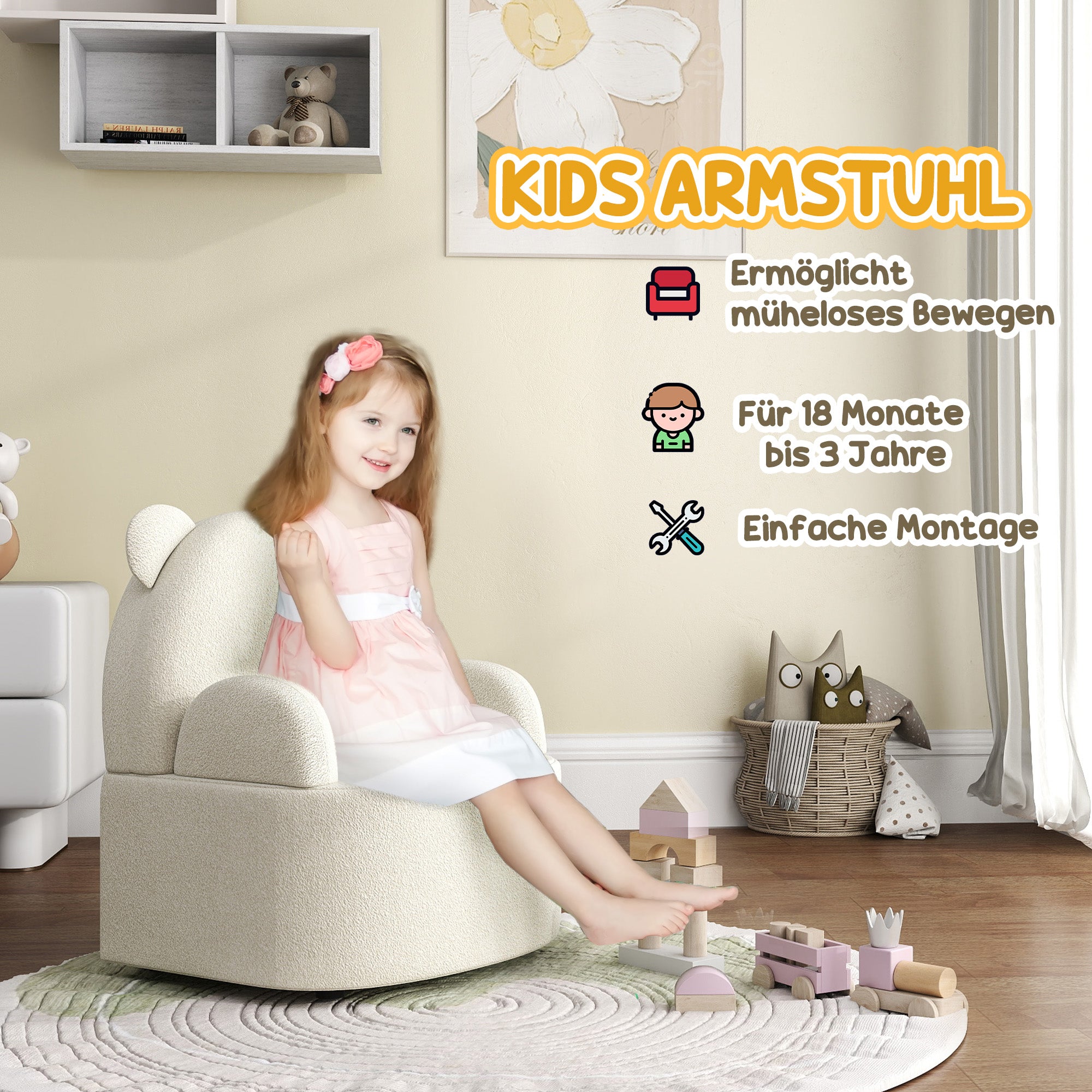 Kids Chair, Kids Sofa with Soft Teddy Fleece, Bear Shape, Children's Chair for Kids from 1.5 Years Old, Children's Room, Playroom, Beige