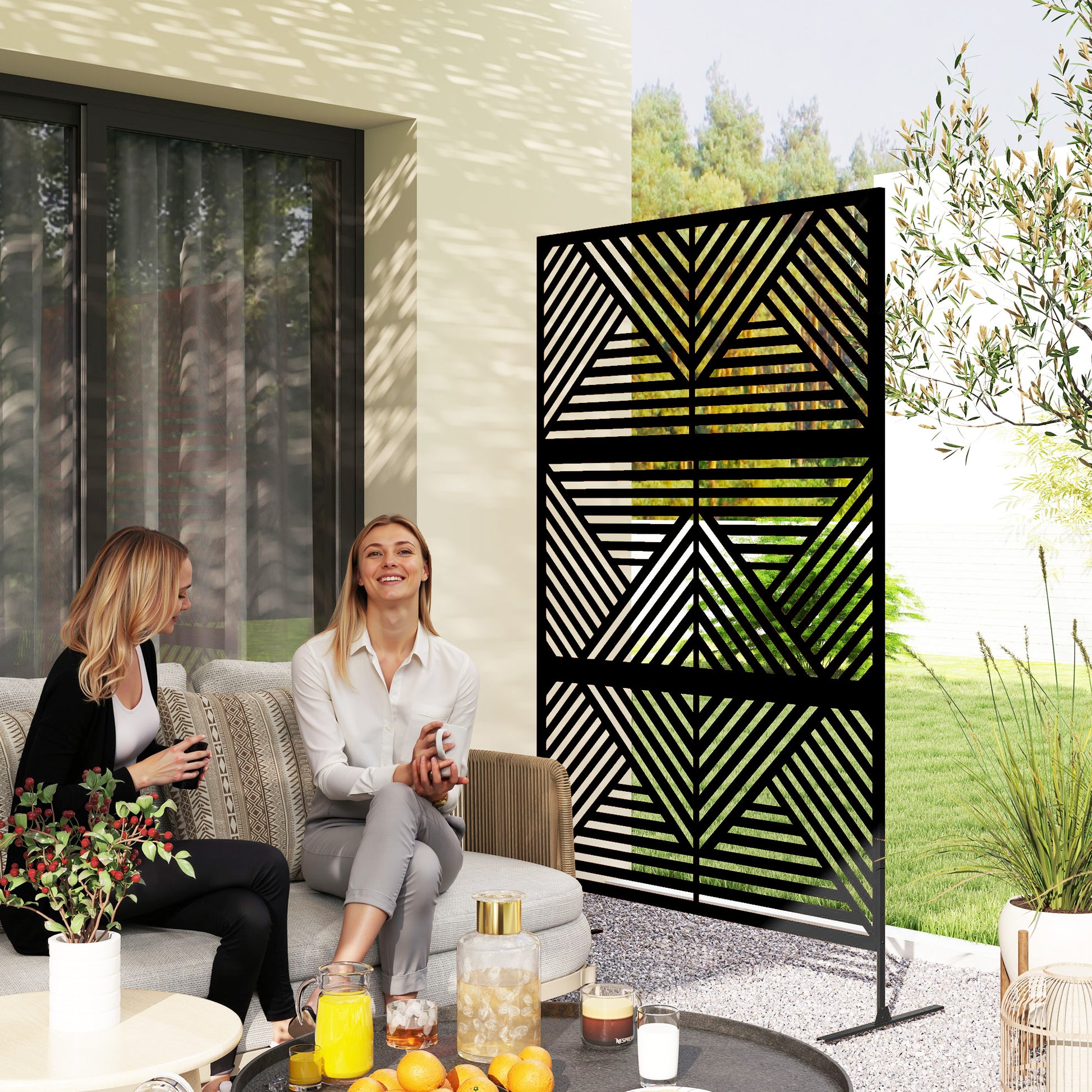 Decorative Outdoor Divider with Diamond Motifs and 2 Feet, High Steel Garden Screen for Balcony and Terrace, 122x45x198 cm, Black