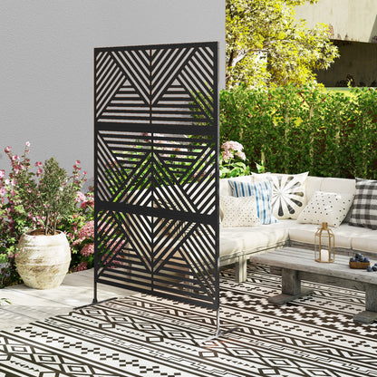Decorative Outdoor Divider with Diamond Motifs and 2 Feet, High Steel Garden Screen for Balcony and Terrace, 122x45x198 cm, Black