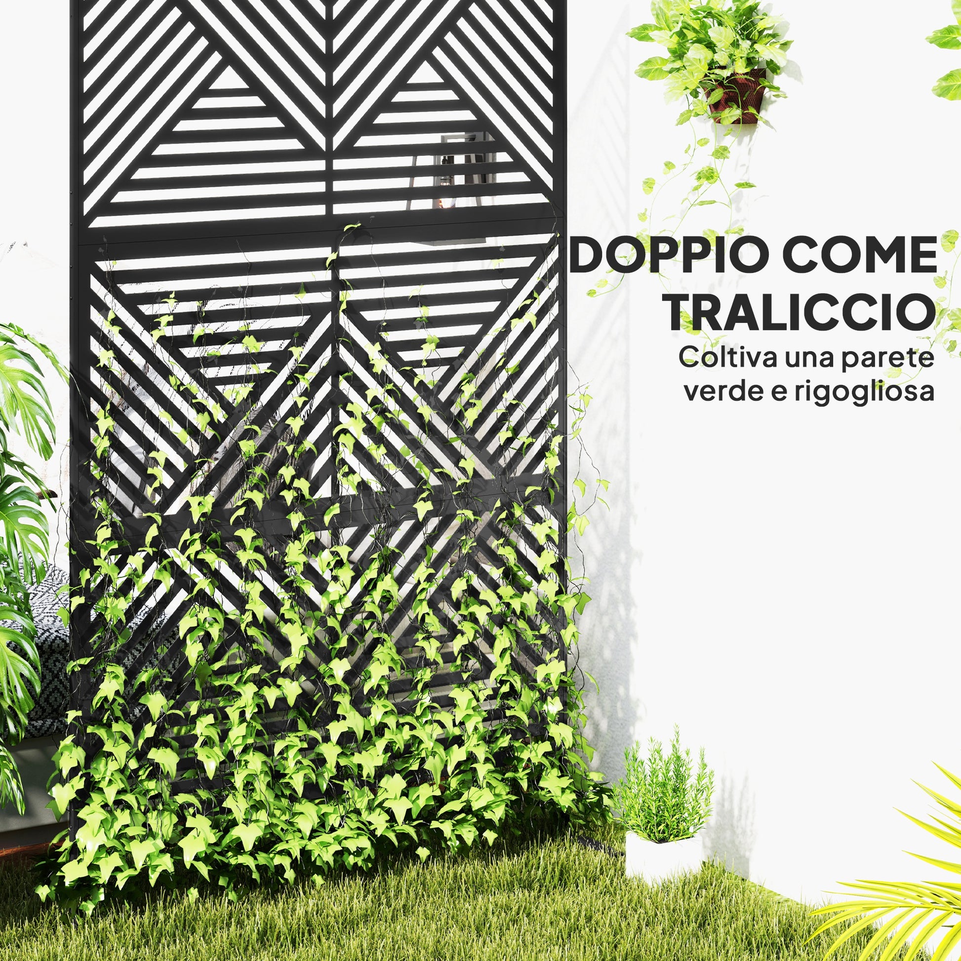 Decorative Outdoor Divider with Diamond Motifs and 2 Feet, High Steel Garden Screen for Balcony and Terrace, 122x45x198 cm, Black