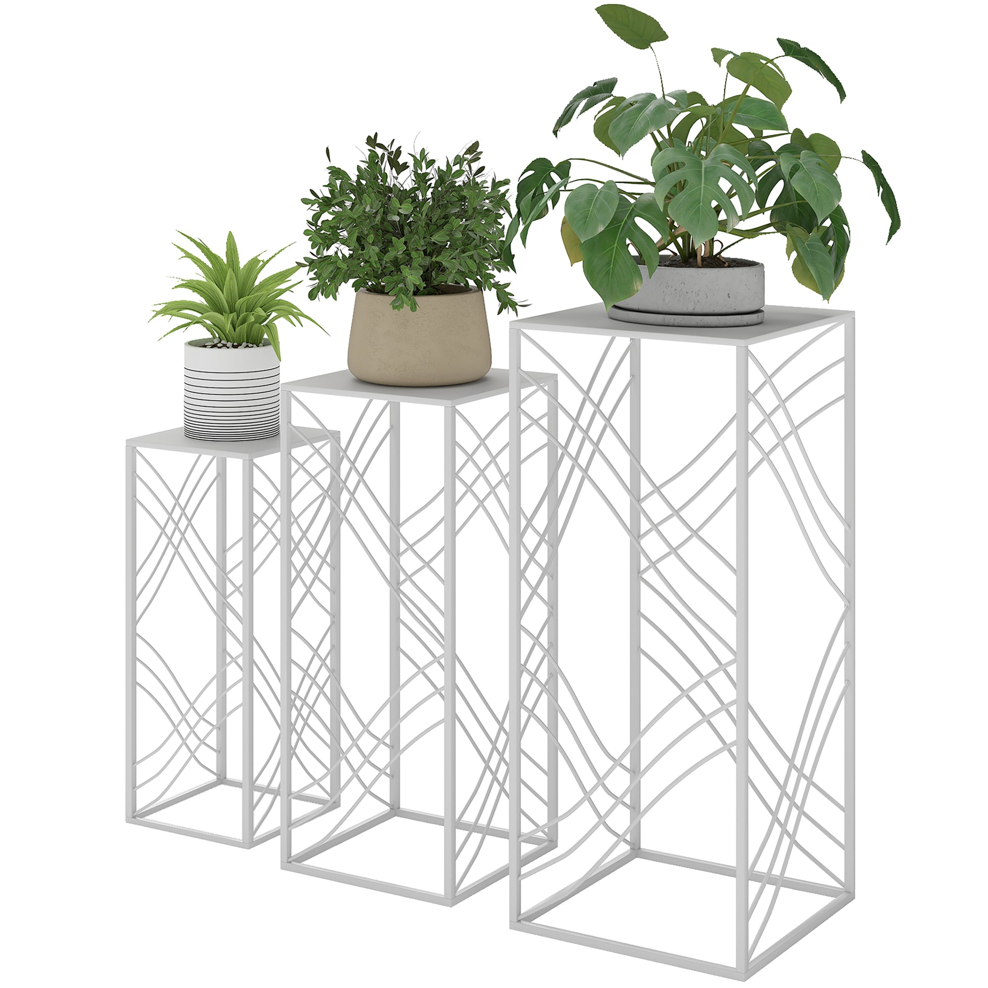 3-Piece Stackable Plant Stand Set — Powder-Coated Metal, White; Heights 19.7"/23.6"/27.6" (50/60/70 cm), Load Capacity up to 66/44/22 lb