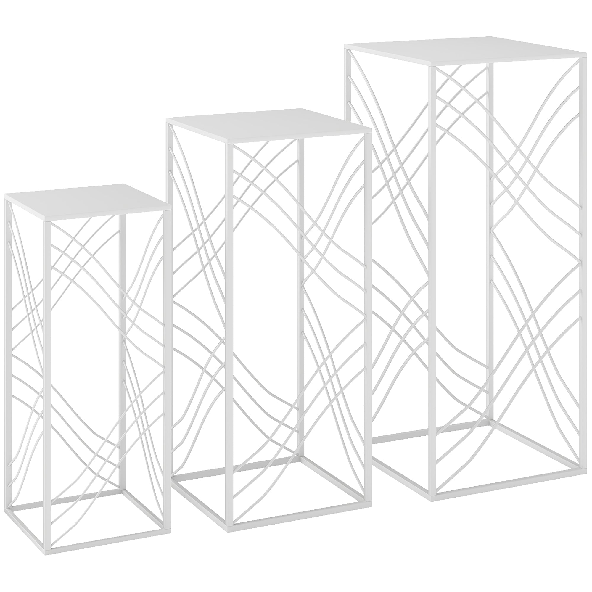 3-Piece Stackable Plant Stand Set — Powder-Coated Metal, White; Heights 19.7"/23.6"/27.6" (50/60/70 cm), Load Capacity up to 66/44/22 lb