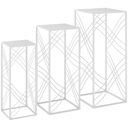 3-Piece Stackable Plant Stand Set — Powder-Coated Metal, White; Heights 19.7"/23.6"/27.6" (50/60/70 cm), Load Capacity up to 66/44/22 lb