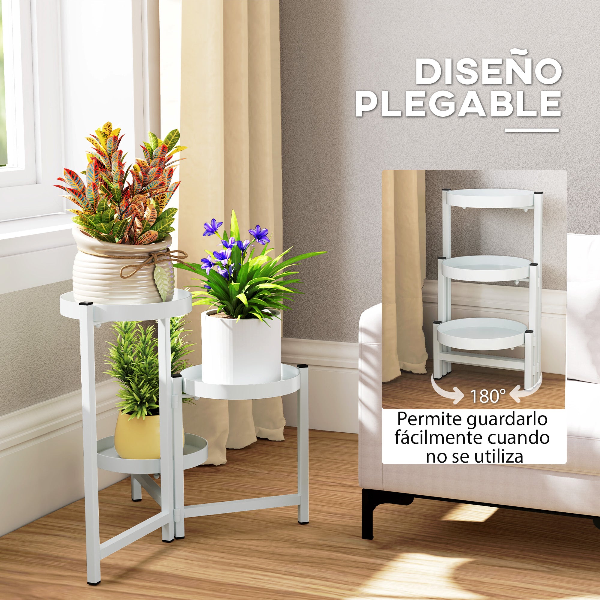 3-Tier Folding Plant Stand Metal Plant Holder with 3 Round Shelves Pot Stand for Indoor and Outdoor 40x40x42 cm White