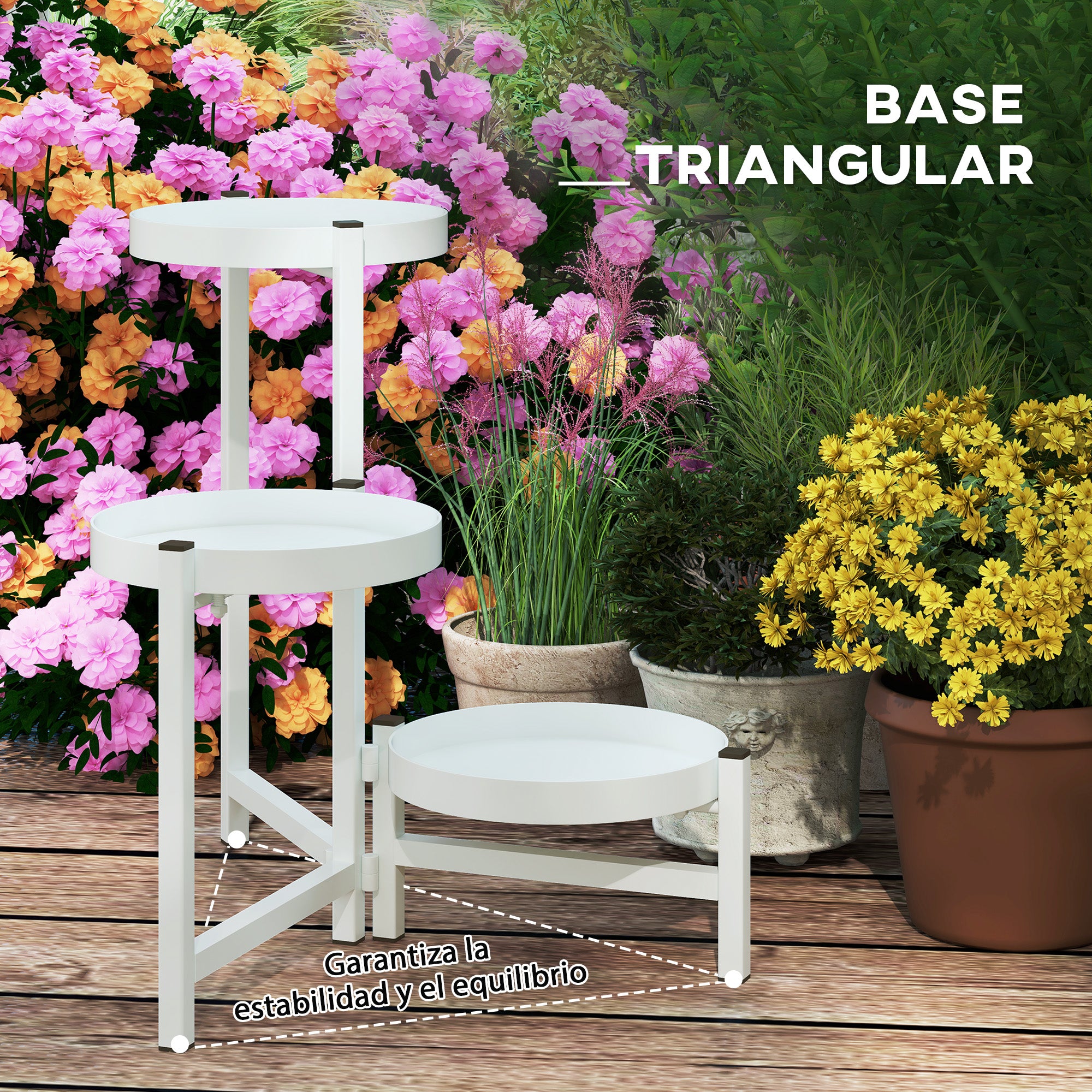 3-Tier Folding Plant Stand Metal Plant Holder with 3 Round Shelves Pot Stand for Indoor and Outdoor 40x40x42 cm White