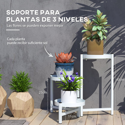 3-Tier Folding Plant Stand Metal Plant Holder with 3 Round Shelves Pot Stand for Indoor and Outdoor 40x40x42 cm White