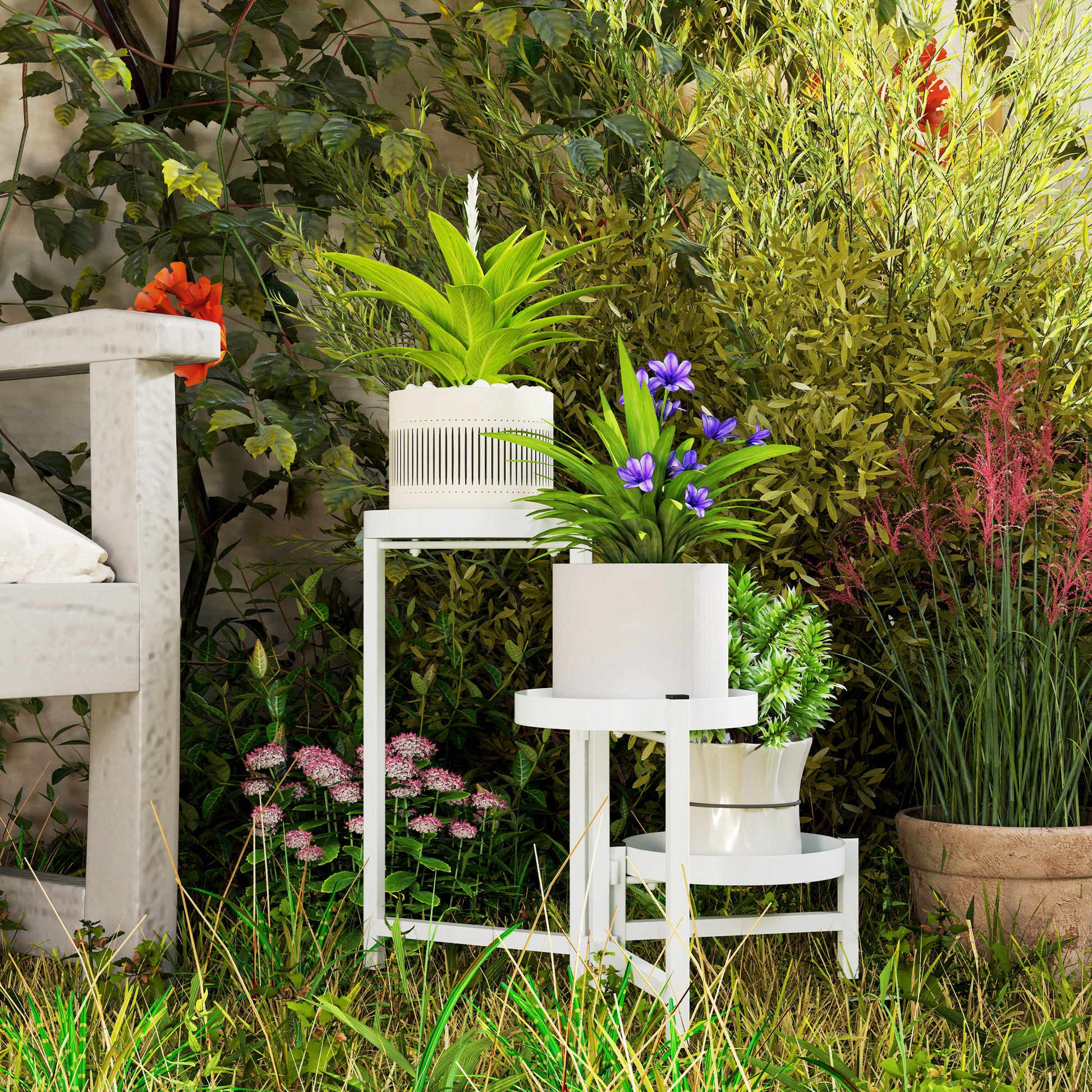 3-Tier Folding Plant Stand Metal Plant Holder with 3 Round Shelves Pot Stand for Indoor and Outdoor 40x40x42 cm White