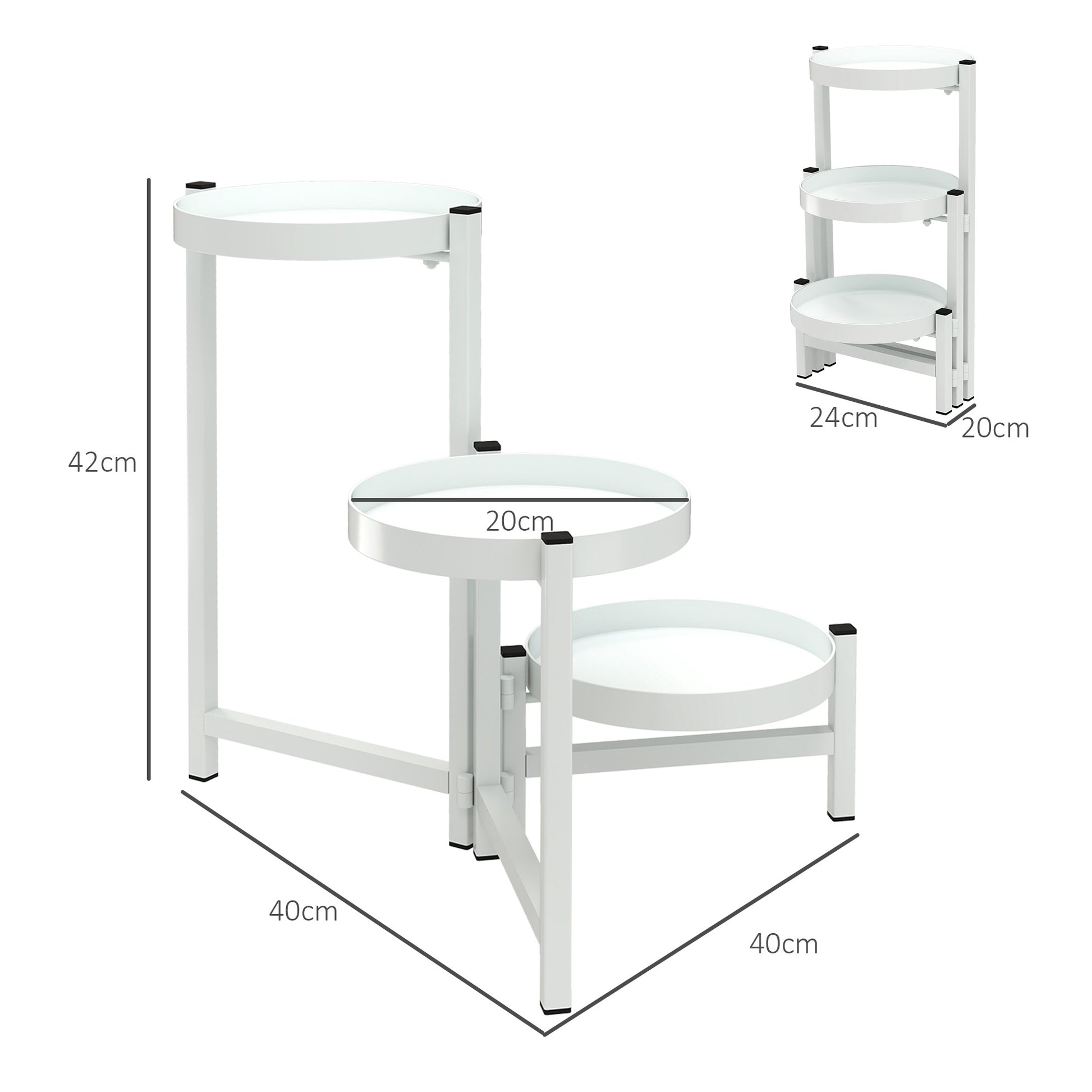 3-Tier Folding Plant Stand Metal Plant Holder with 3 Round Shelves Pot Stand for Indoor and Outdoor 40x40x42 cm White