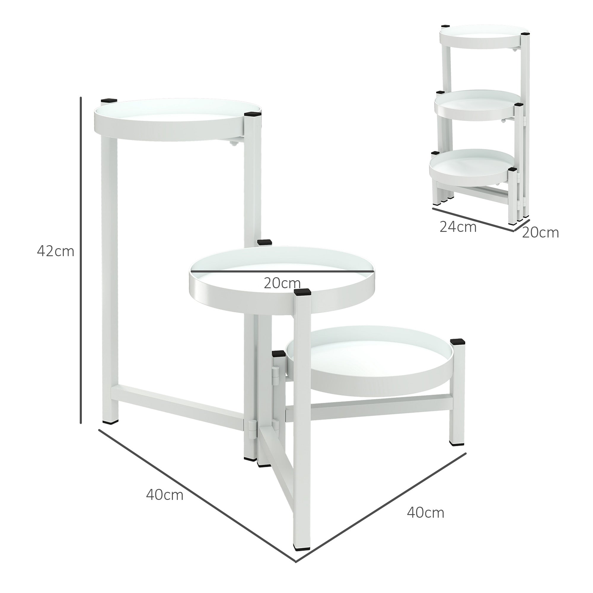 3-Tier Folding Plant Stand Metal Plant Holder with 3 Round Shelves Pot Stand for Indoor and Outdoor 40x40x42 cm White