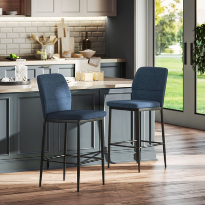 Set of 2 Bar Stools High Kitchen Stools with Backrest and Footrest Upholstered in Velvet Steel Frame Modern High Stools for Dining Counter Blue