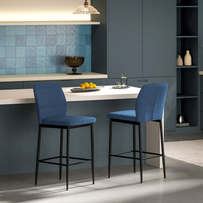 Set of 2 Bar Stools High Kitchen Stools with Backrest and Footrest Upholstered in Velvet Steel Frame Modern High Stools for Dining Counter Blue