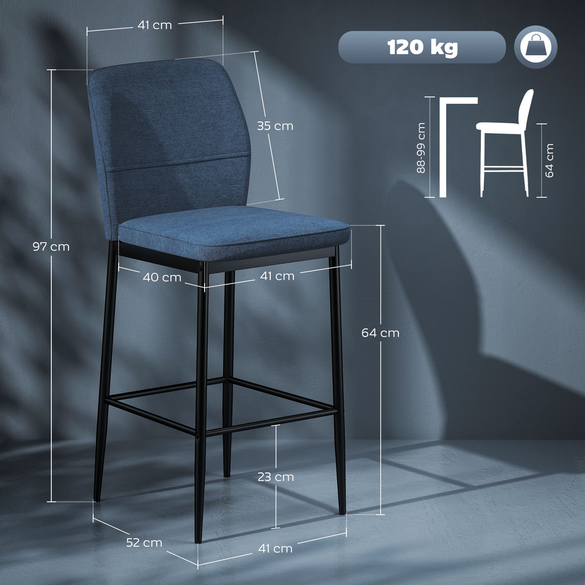 Set of 2 Bar Stools High Kitchen Stools with Backrest and Footrest Upholstered in Velvet Steel Frame Modern High Stools for Dining Counter Blue