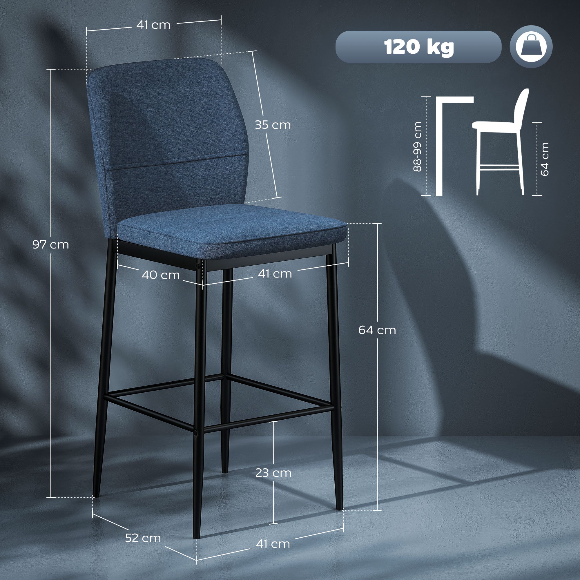 Set of 2 Bar Stools High Kitchen Stools with Backrest and Footrest Upholstered in Velvet Steel Frame Modern High Stools for Dining Counter Blue