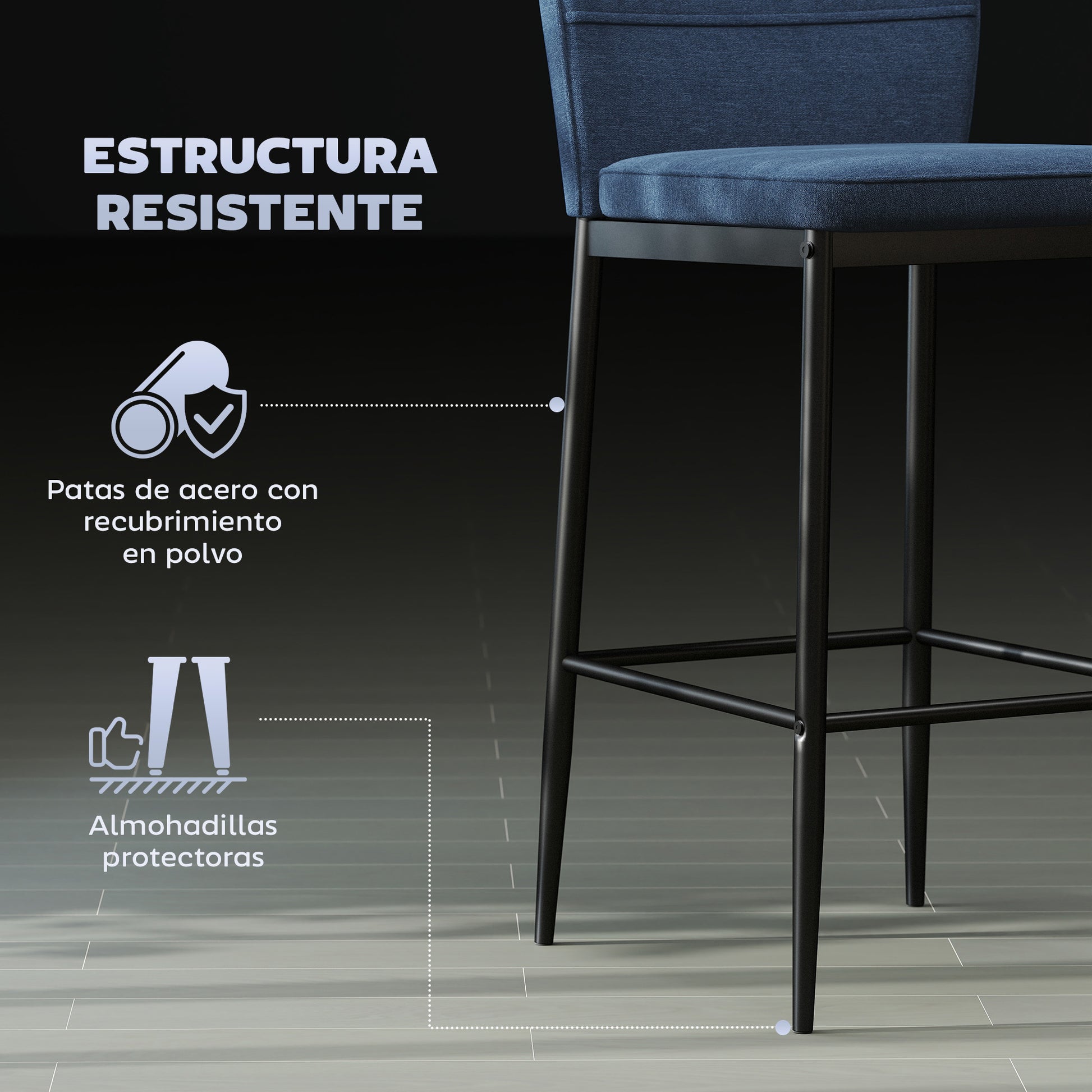 Set of 2 Bar Stools High Kitchen Stools with Backrest and Footrest Upholstered in Velvet Steel Frame Modern High Stools for Dining Counter Blue