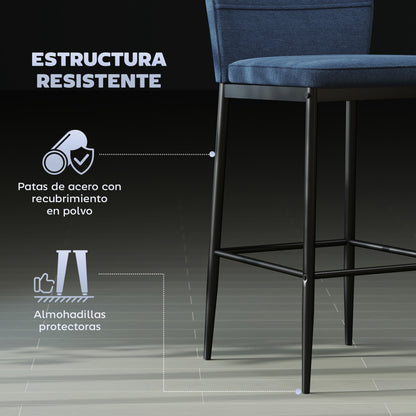 Set of 2 Bar Stools High Kitchen Stools with Backrest and Footrest Upholstered in Velvet Steel Frame Modern High Stools for Dining Counter Blue