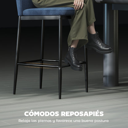 Set of 2 Bar Stools High Kitchen Stools with Backrest and Footrest Upholstered in Velvet Steel Frame Modern High Stools for Dining Counter Blue