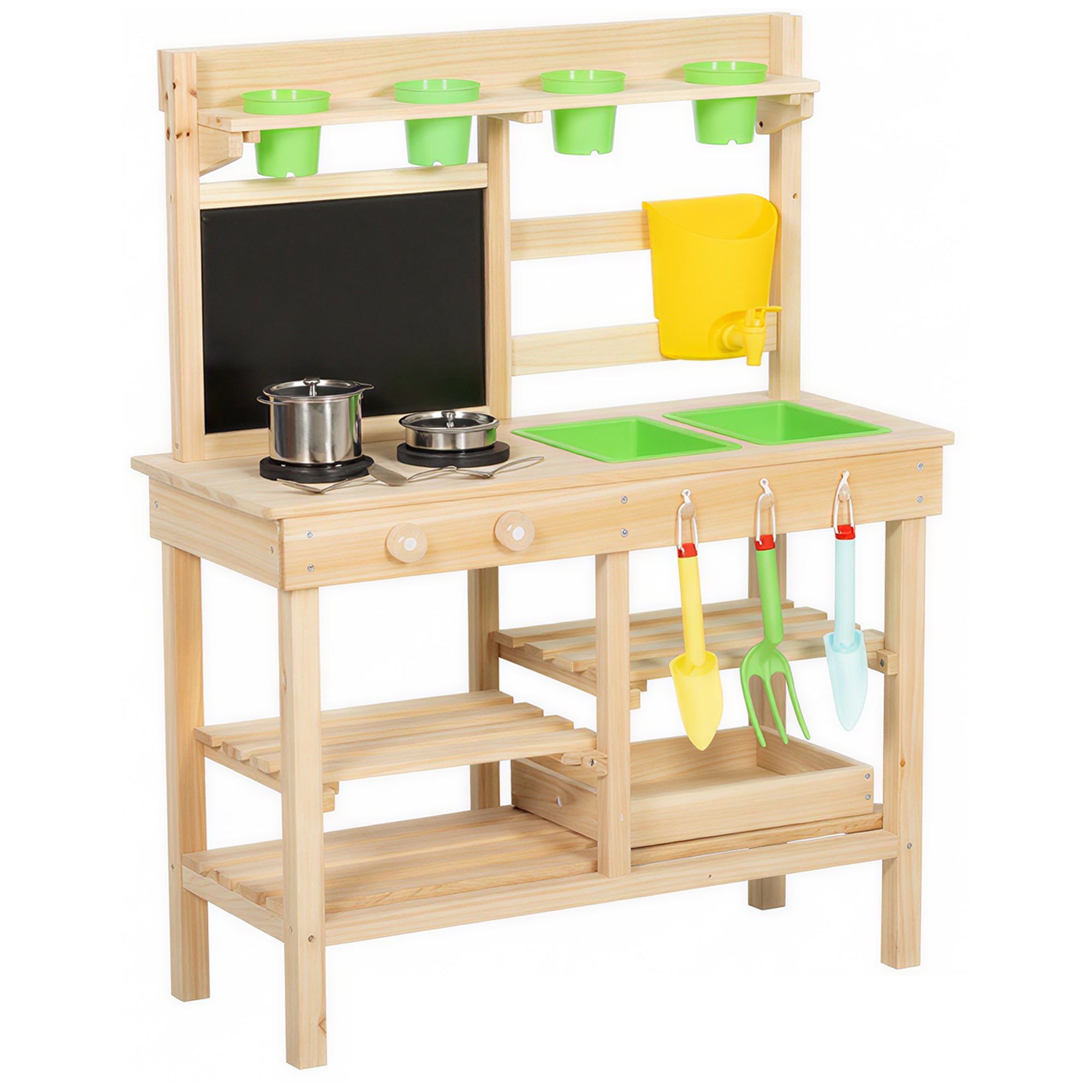 Outdoor Toy Kitchen — Wooden Play Kitchen with Planters, Sink, Faucet, Stainless-Steel Utensils, Chalkboard, Shelves & Hooks — Ages 3–6, Natural