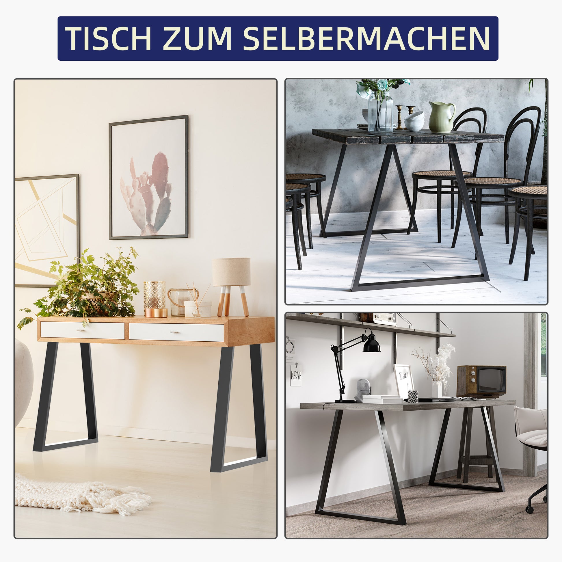 Table Legs, Set of 2 Table Bases, Triangular Furniture Feet made of Steel, 70 x 72 cm Table Frame for Dining Table, Coffee Table, Desk, Steel, Black