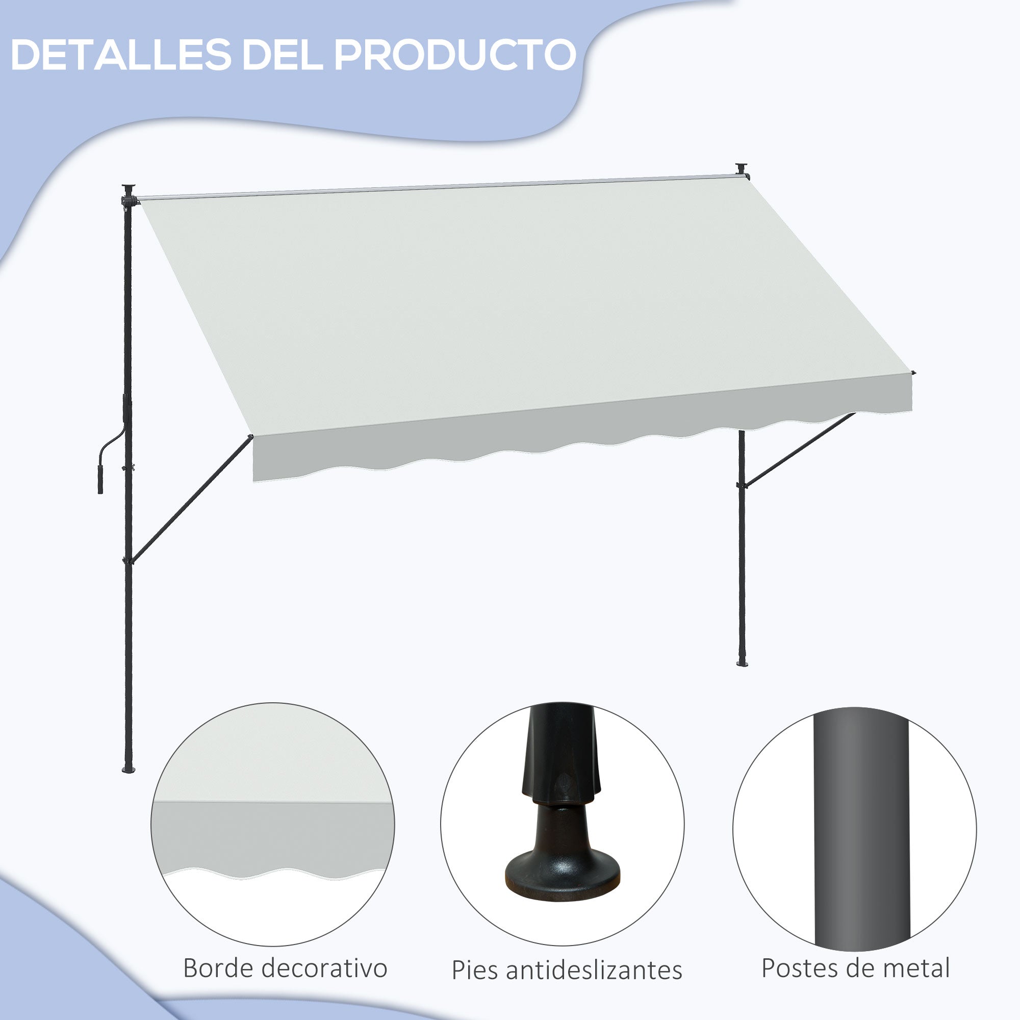 Retractable Manual Awning 3x1.75 m Outdoor Terrace Awning Adjustable Height with Crank 210-310 cm No Drill for Balcony Garden Cream