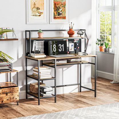 Desk with Storage Computer Desk with 4 Shelves, Large Worktop and Black Panel for Living Room Bedroom 120L x 53W x 126H cm, Brown and Black