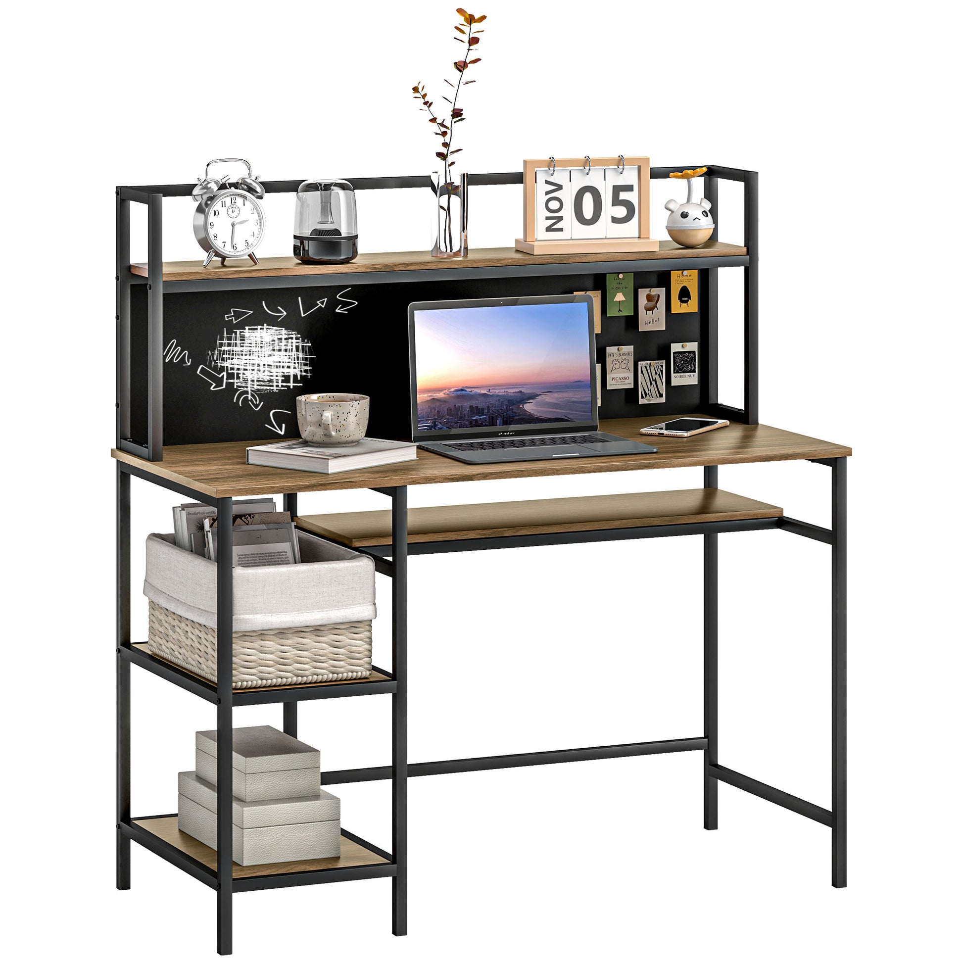 Desk with Storage Computer Desk with 4 Shelves, Large Worktop and Black Panel for Living Room Bedroom 120L x 53W x 126H cm, Brown and Black