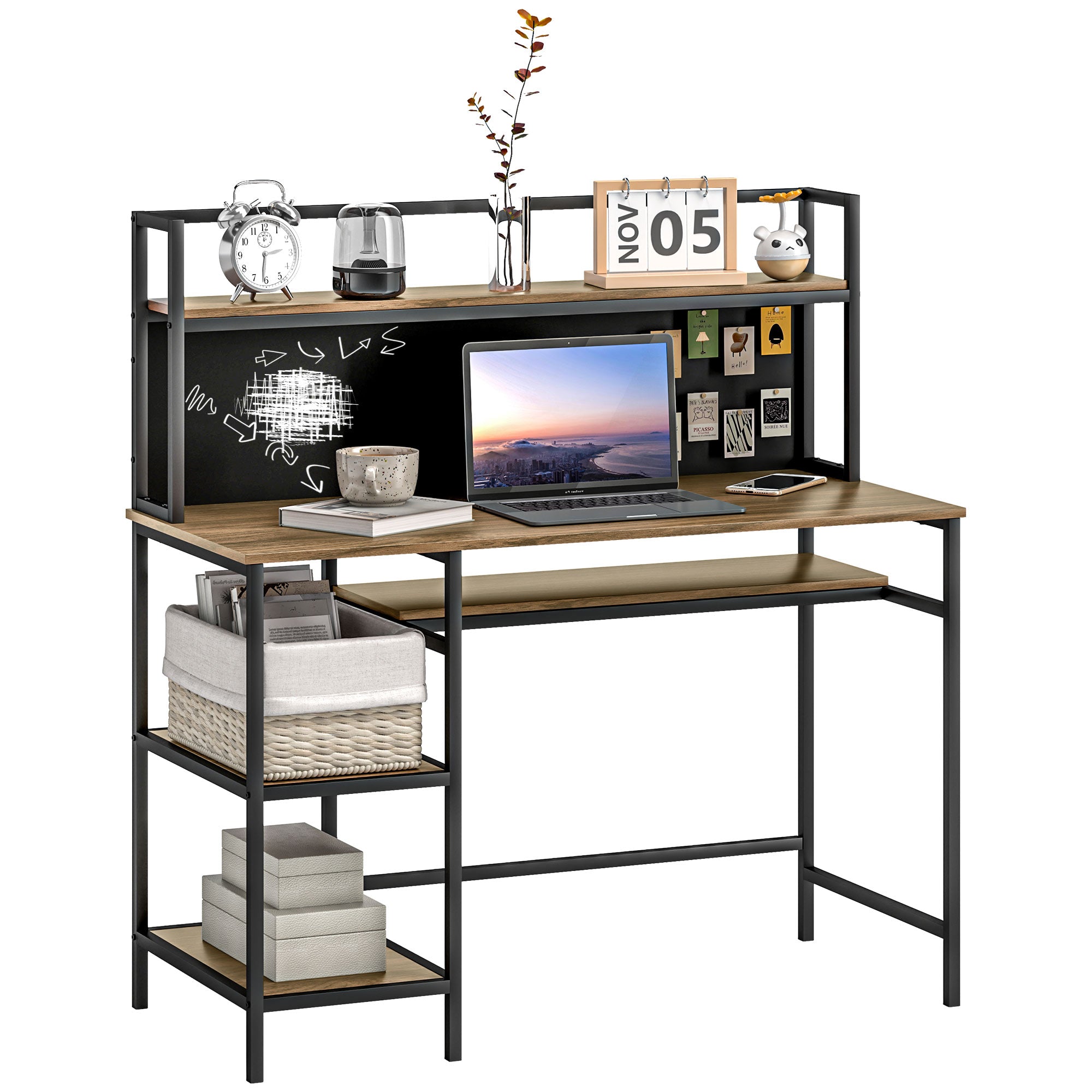 Desk with Storage Computer Desk with 4 Shelves, Large Worktop and Black Panel for Living Room Bedroom 120L x 53W x 126H cm, Brown and Black