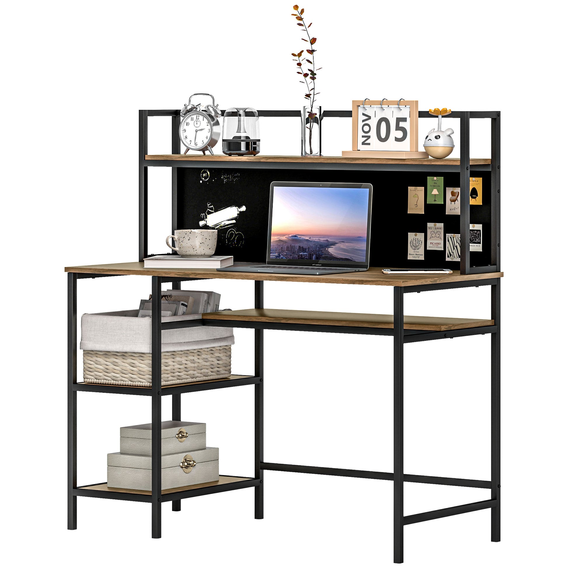 Desk with Storage Computer Desk with 4 Shelves, Large Worktop and Black Panel for Living Room Bedroom 120L x 53W x 126H cm, Brown and Black