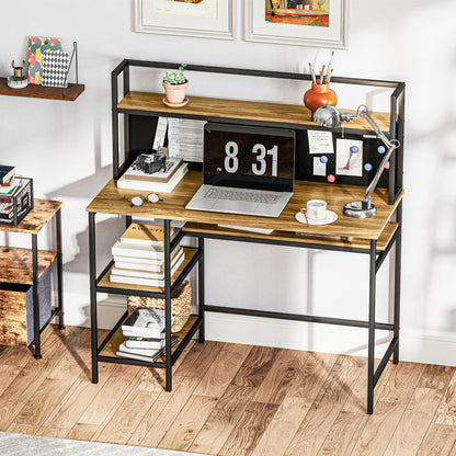 Desk with Storage Computer Desk with 4 Shelves, Large Worktop and Black Panel for Living Room Bedroom 120L x 53W x 126H cm, Brown and Black