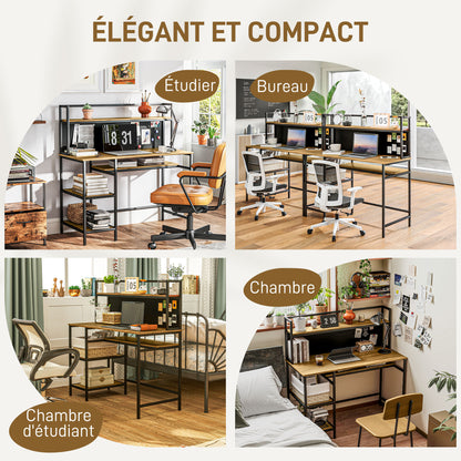 Desk with Storage Computer Desk with 4 Shelves, Large Worktop and Black Panel for Living Room Bedroom 120L x 53W x 126H cm, Brown and Black