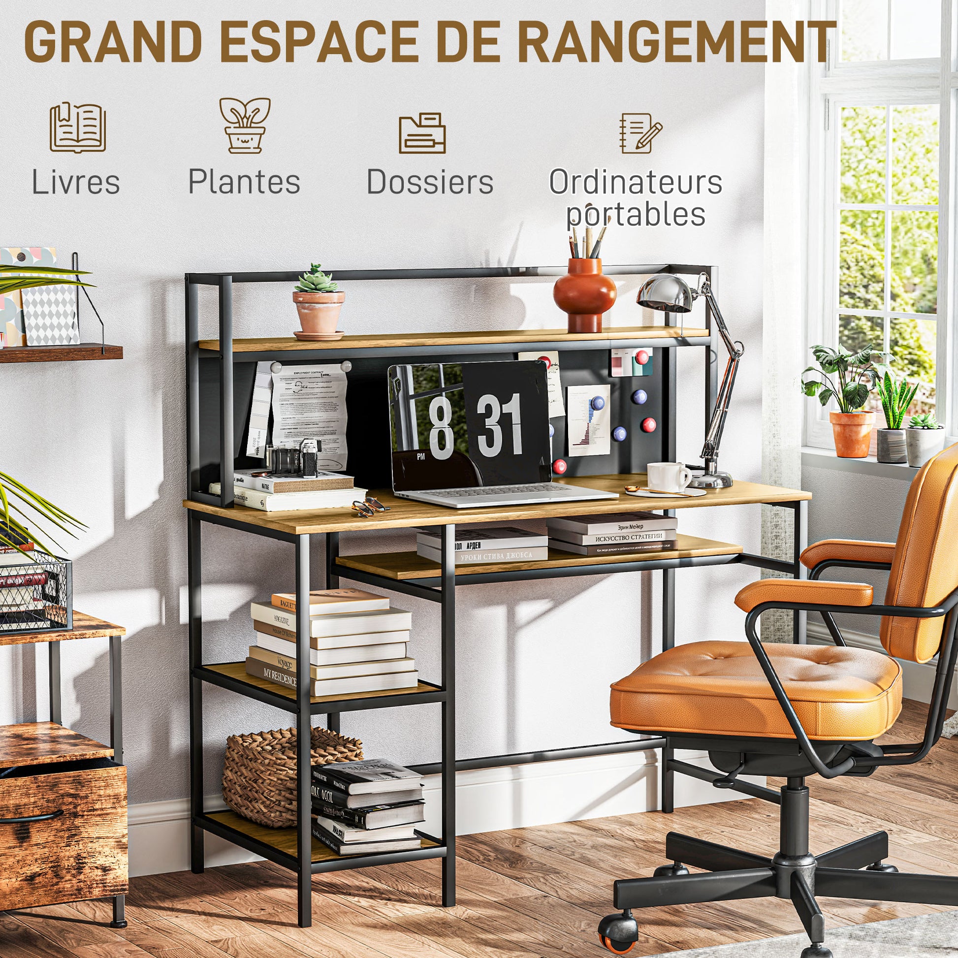 Desk with Storage Computer Desk with 4 Shelves, Large Worktop and Black Panel for Living Room Bedroom 120L x 53W x 126H cm, Brown and Black