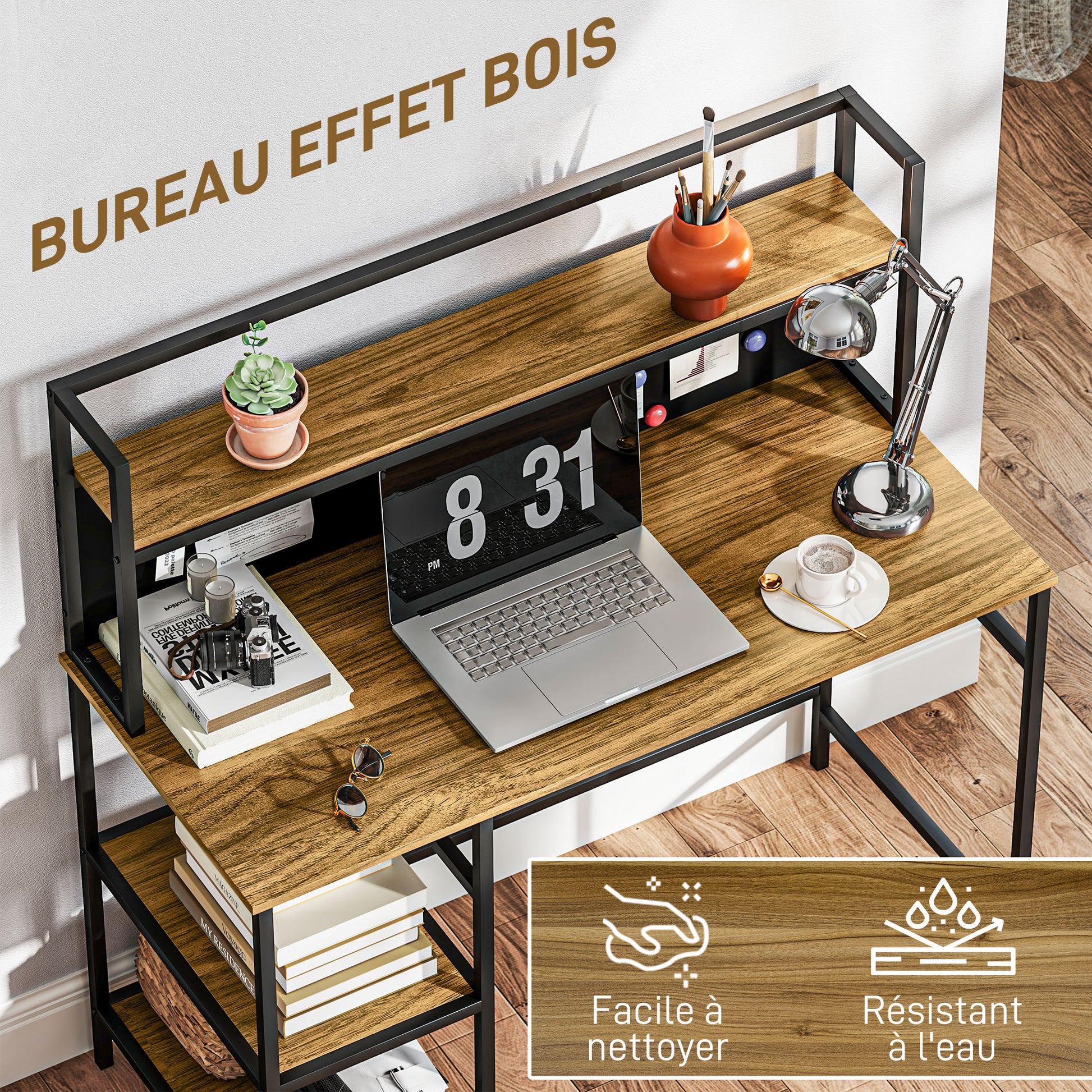 Desk with Storage Computer Desk with 4 Shelves, Large Worktop and Black Panel for Living Room Bedroom 120L x 53W x 126H cm, Brown and Black