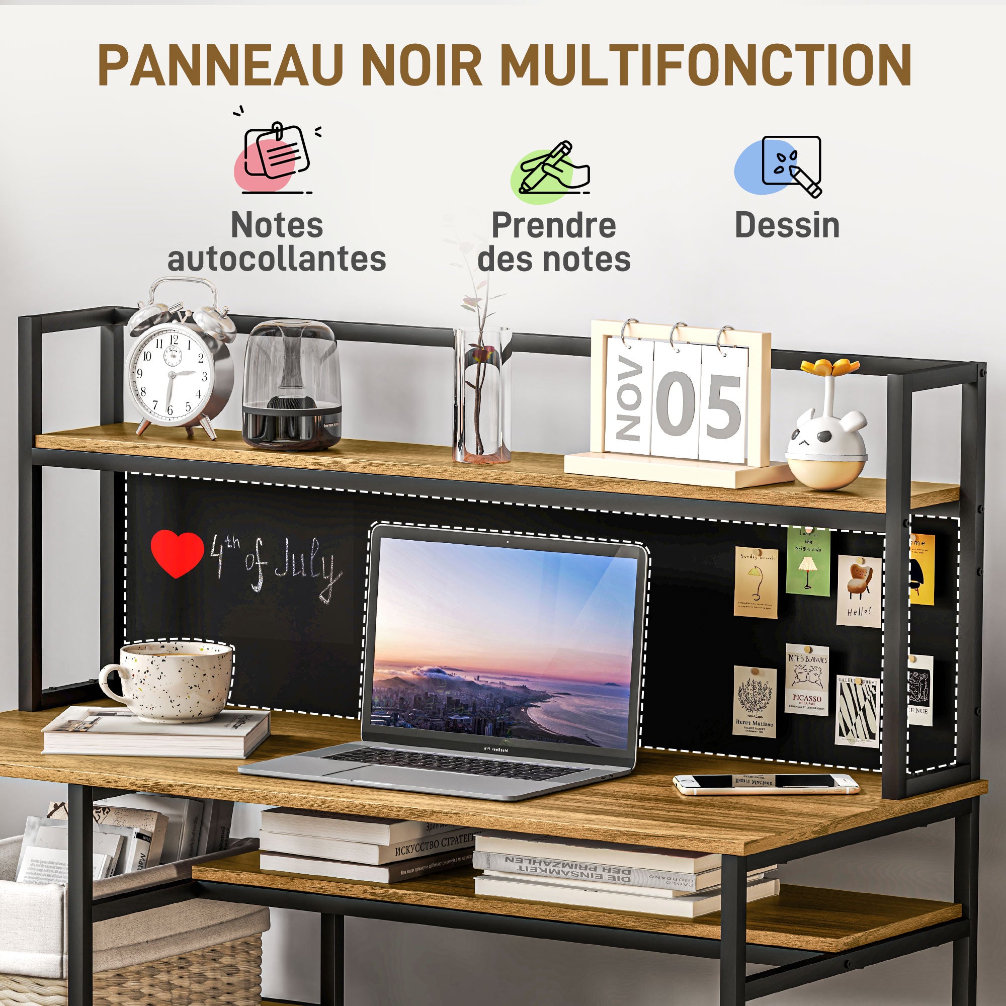 Desk with Storage Computer Desk with 4 Shelves, Large Worktop and Black Panel for Living Room Bedroom 120L x 53W x 126H cm, Brown and Black