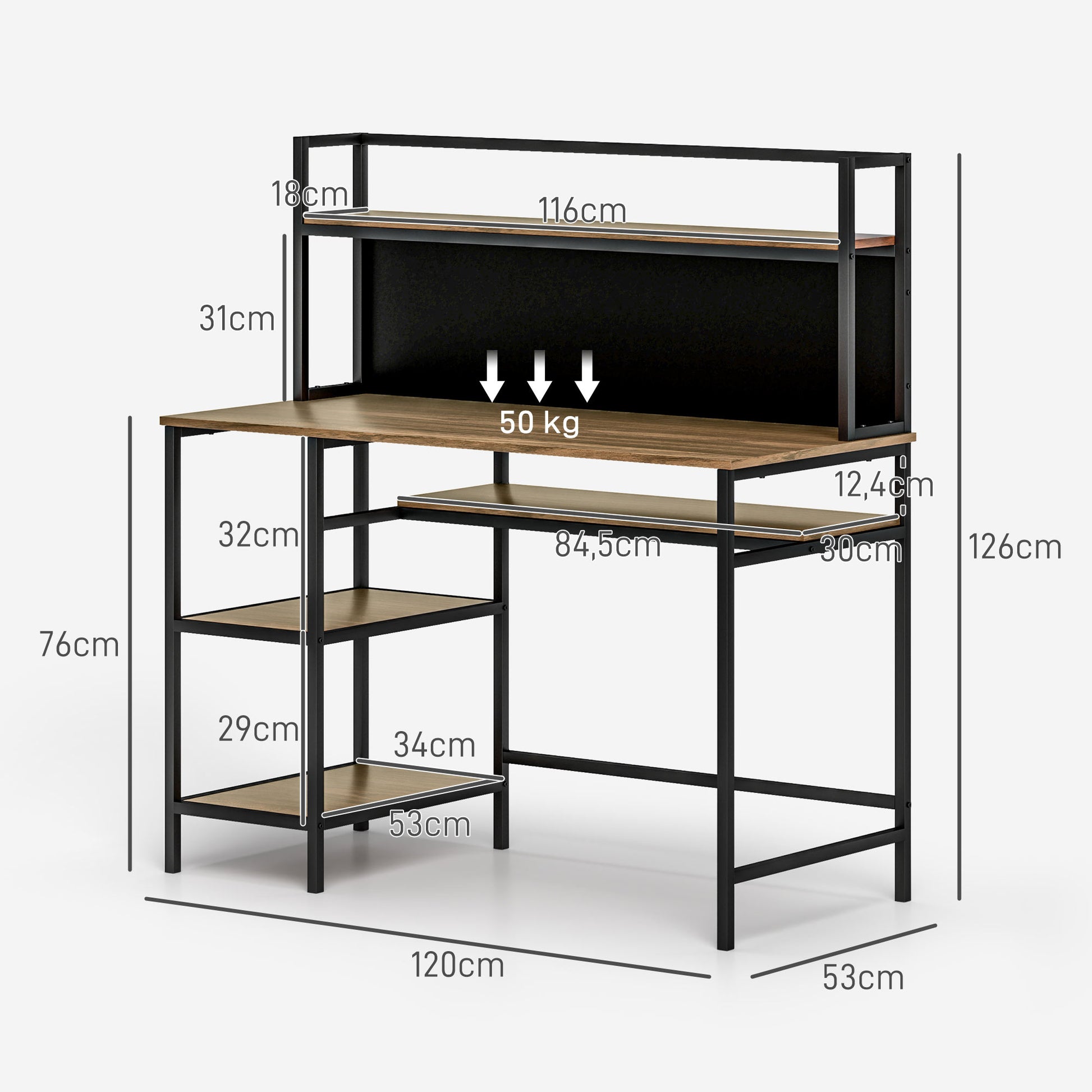 Desk with Storage Computer Desk with 4 Shelves, Large Worktop and Black Panel for Living Room Bedroom 120L x 53W x 126H cm, Brown and Black