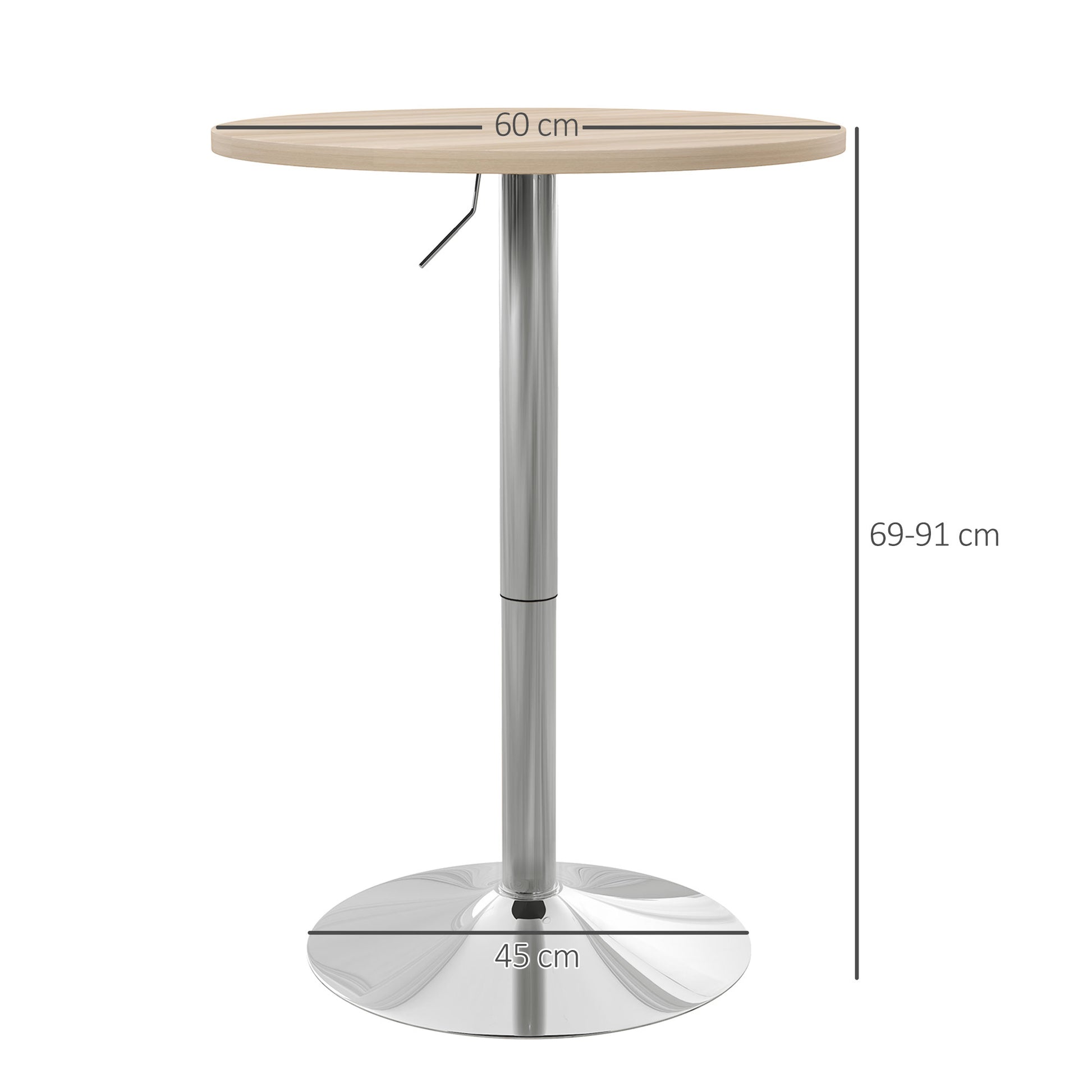 Round Bar Table High Kitchen Table Adjustable Height 69-91 cm with 360° Rotating Tabletop Natural and Gray Steel Base