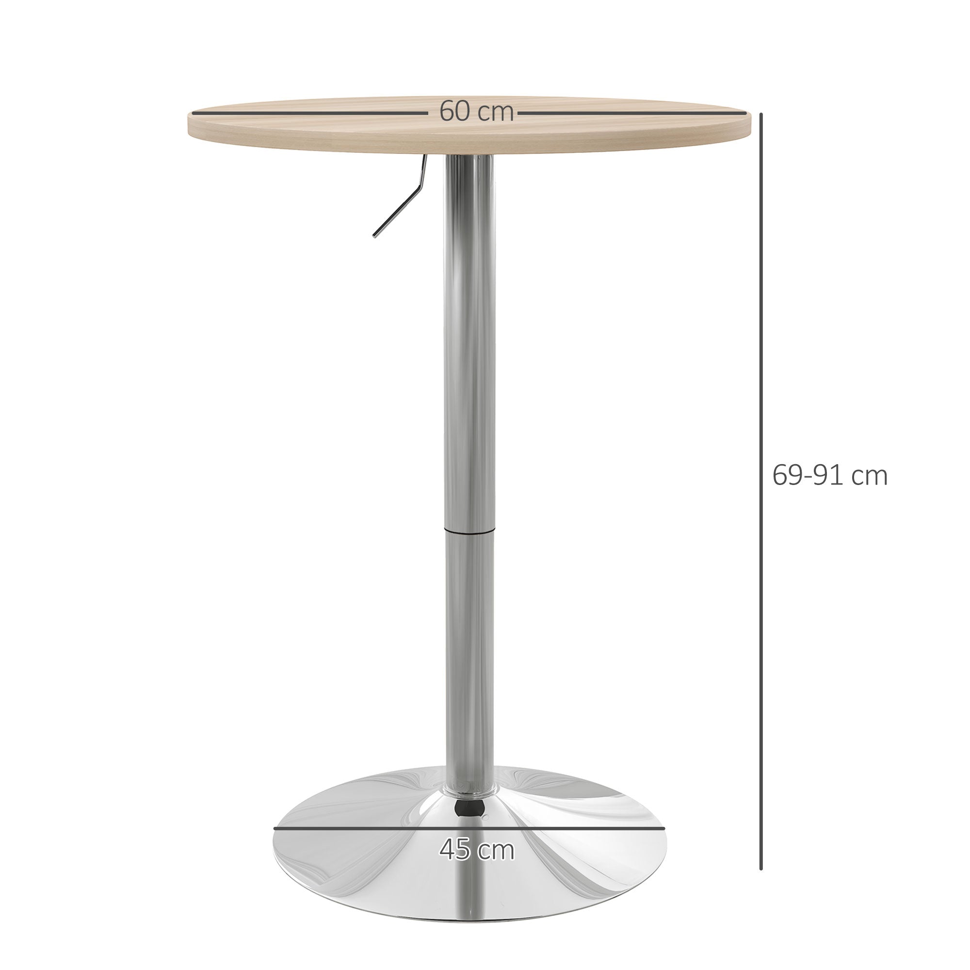 Round Bar Table High Kitchen Table Adjustable Height 69-91 cm with 360° Rotating Tabletop Natural and Gray Steel Base