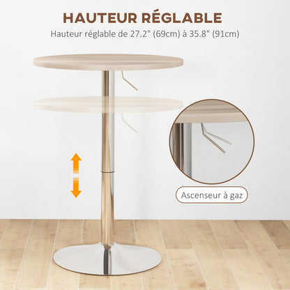 Round Bar Table High Kitchen Table Adjustable Height 69-91 cm with 360° Rotating Tabletop Natural and Gray Steel Base