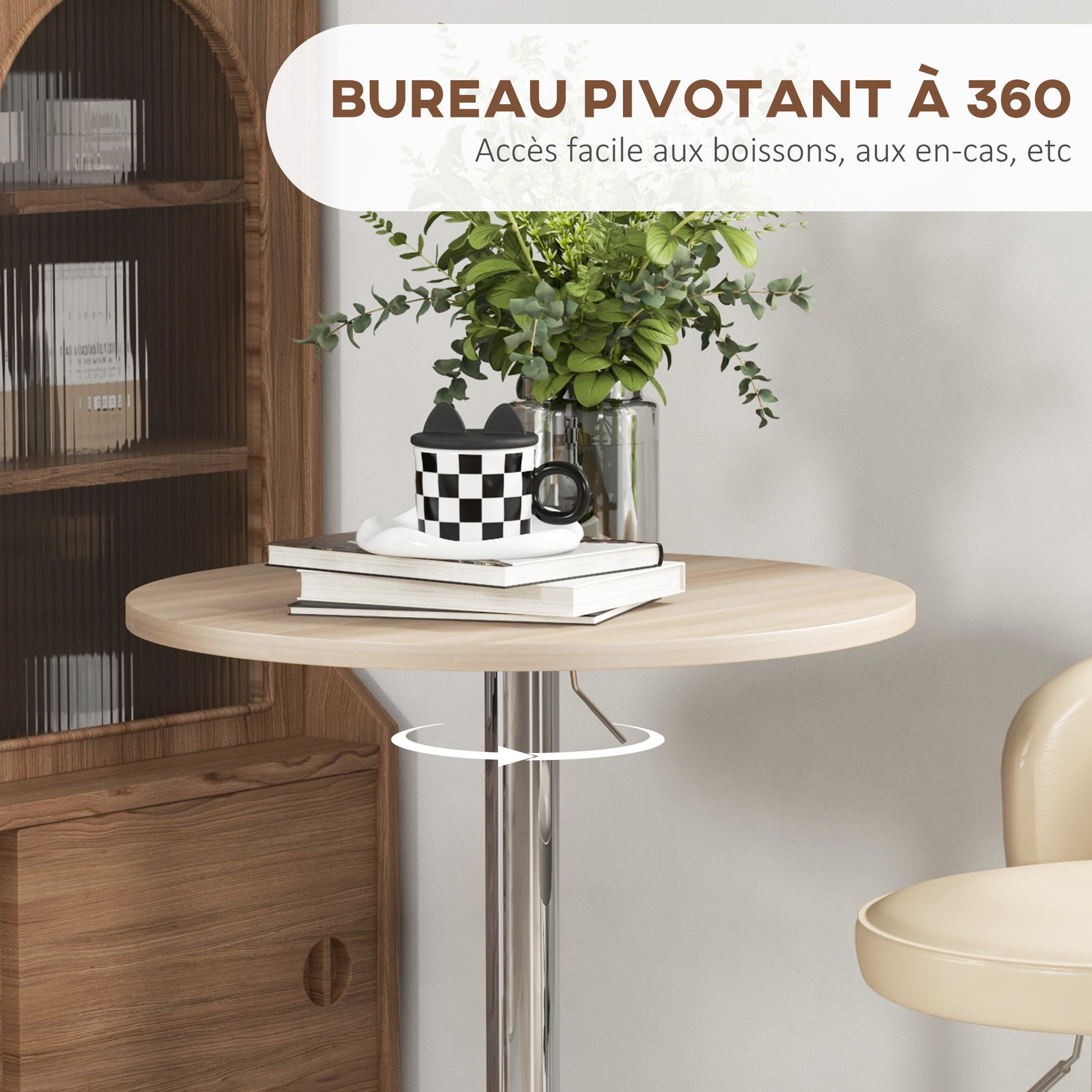 Round Bar Table High Kitchen Table Adjustable Height 69-91 cm with 360° Rotating Tabletop Natural and Gray Steel Base
