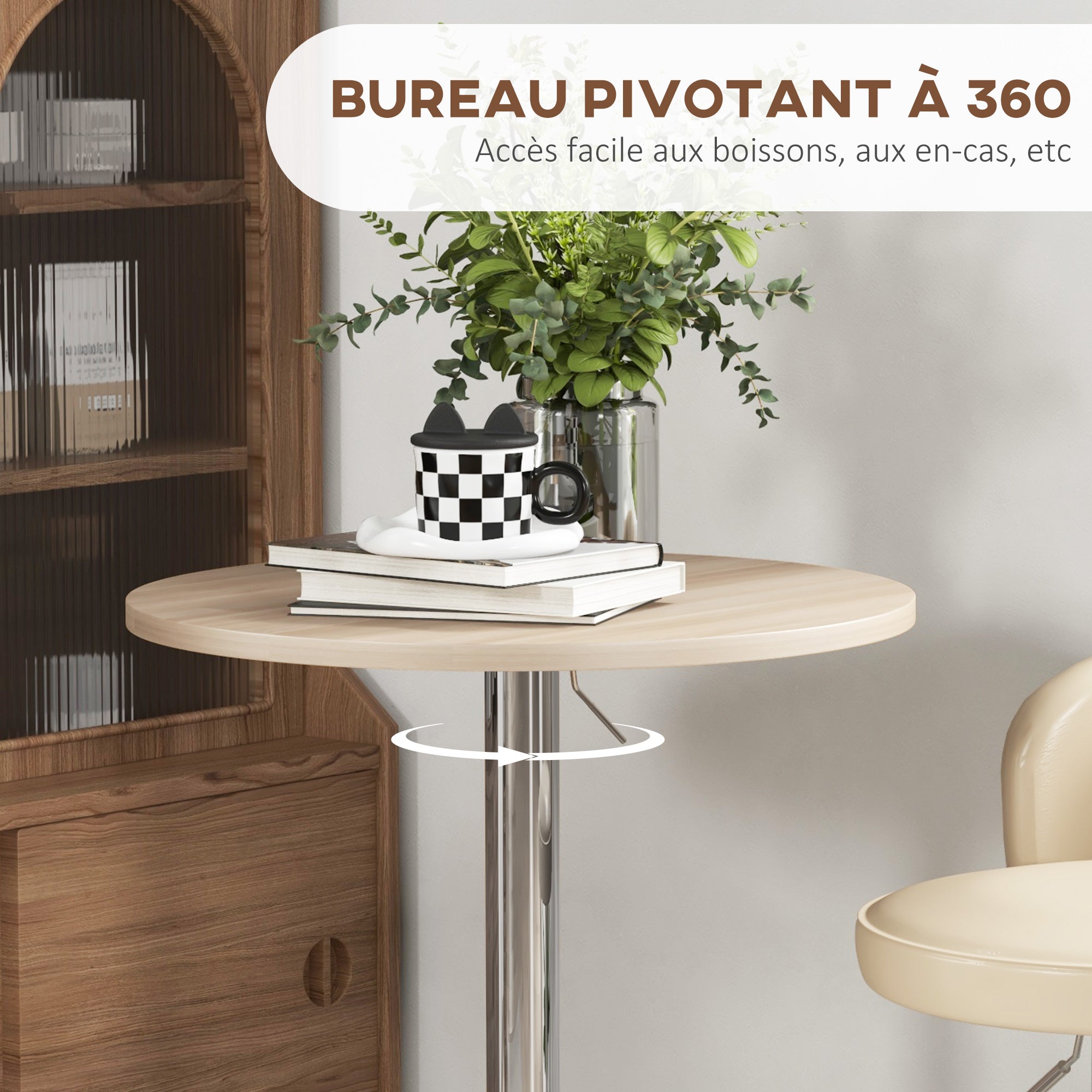 Round Bar Table High Kitchen Table Adjustable Height 69-91 cm with 360° Rotating Tabletop Natural and Gray Steel Base