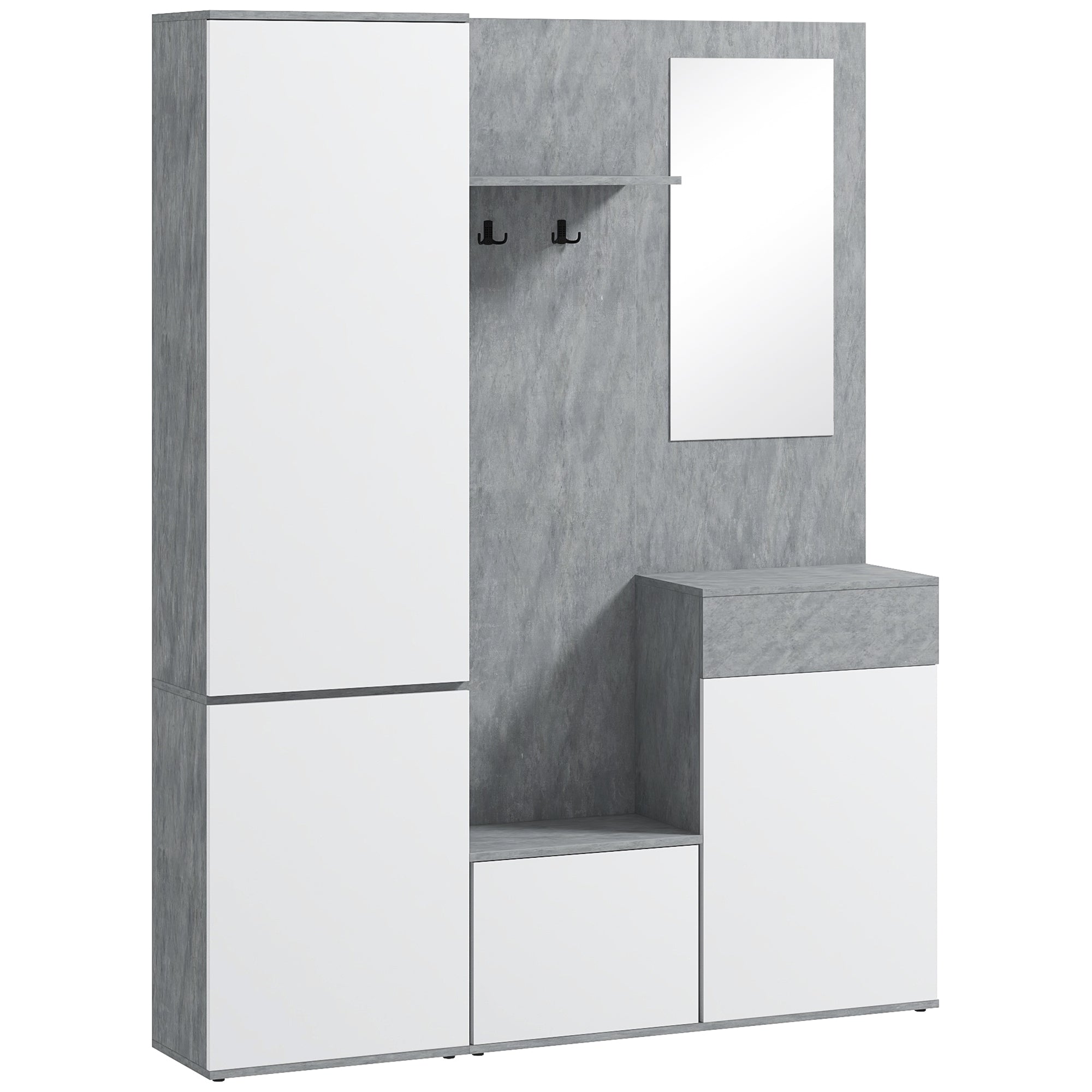 Entryway 4-in-1 Coat Rack Mobile with Mirror, Hooks, and Adjustable Interior Shelves, Multi-Purpose Wood Entryway Mobile with Drawer, 145x29x184 cm, Gray and White