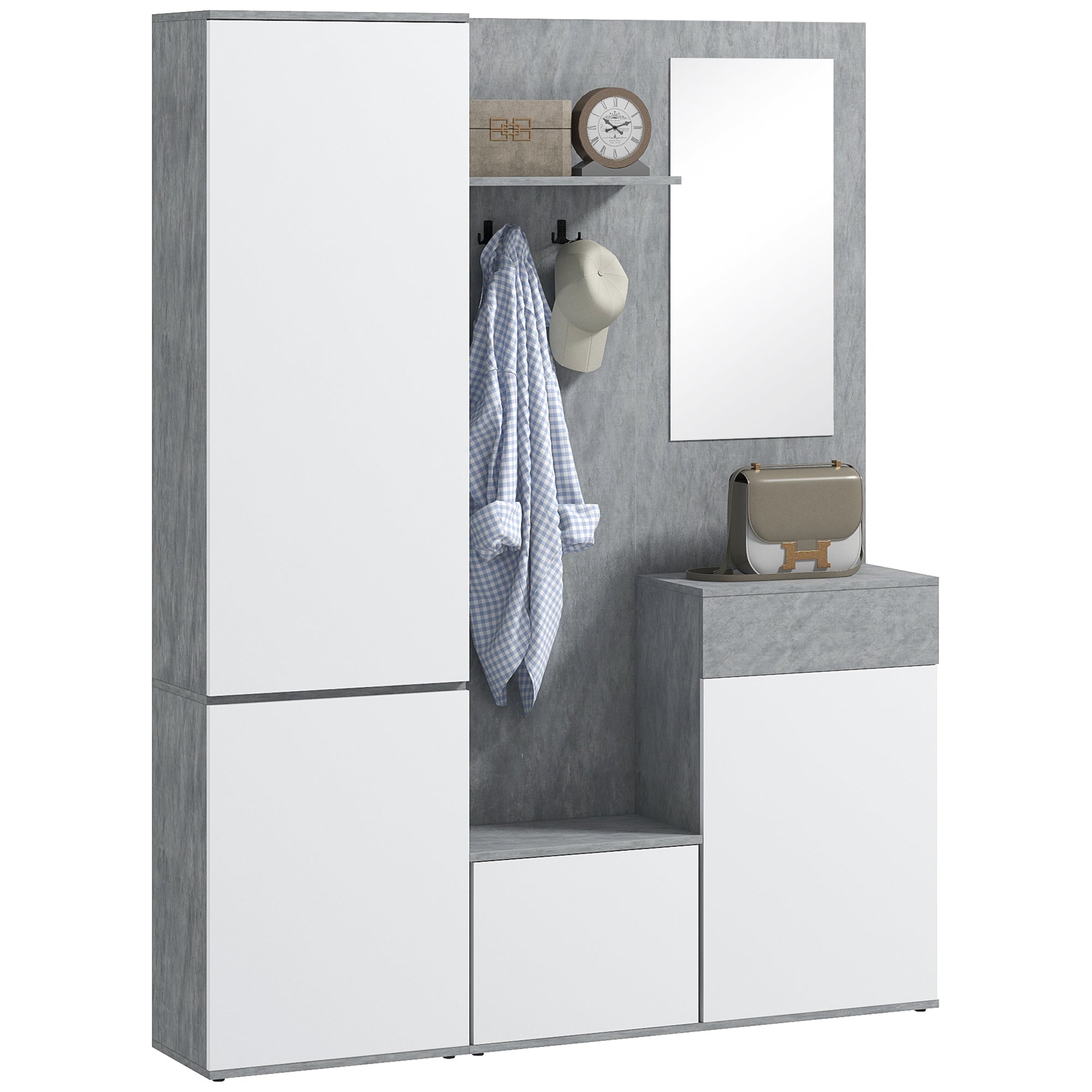 Entryway 4-in-1 Coat Rack Mobile with Mirror, Hooks, and Adjustable Interior Shelves, Multi-Purpose Wood Entryway Mobile with Drawer, 145x29x184 cm, Gray and White