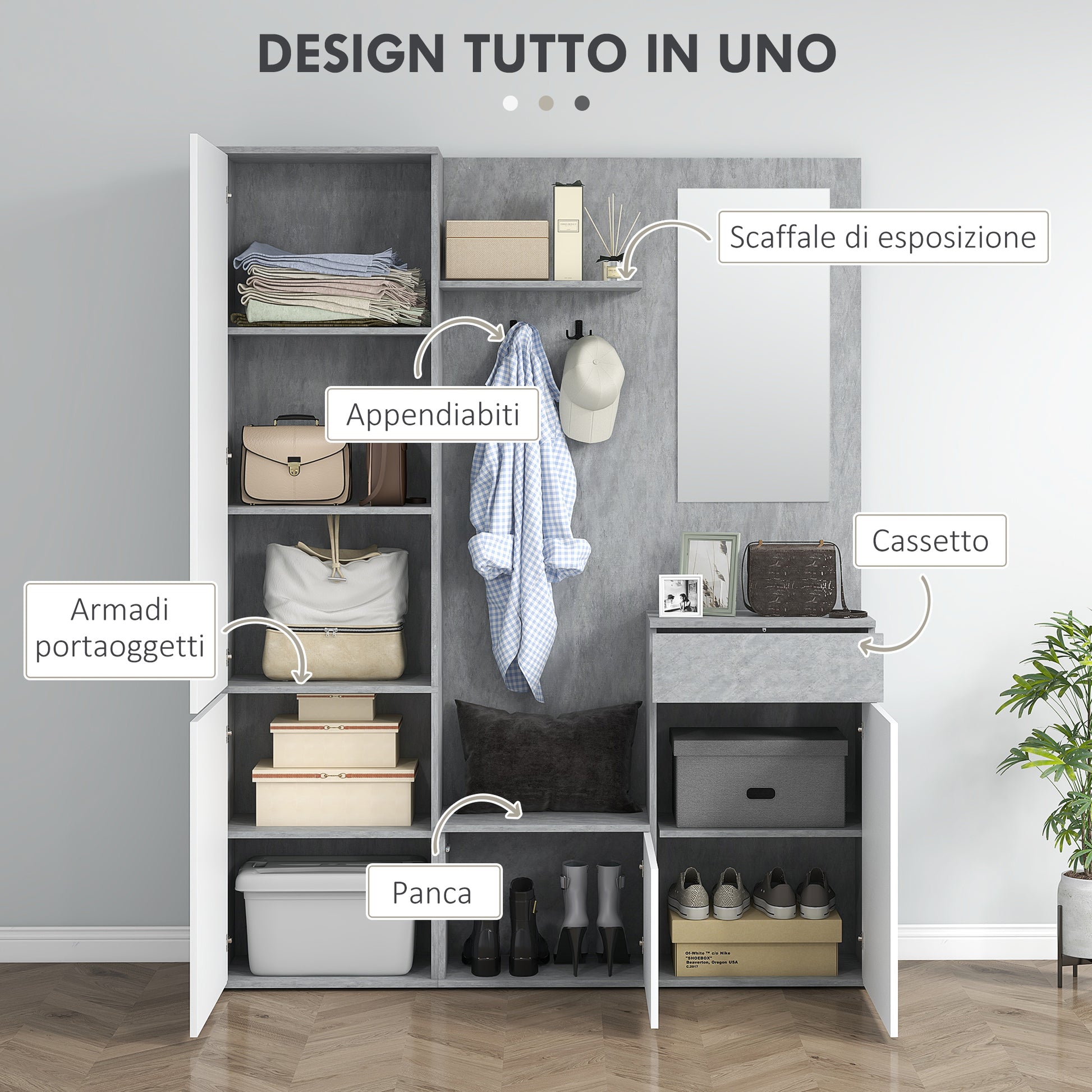 Entryway 4-in-1 Coat Rack Mobile with Mirror, Hooks, and Adjustable Interior Shelves, Multi-Purpose Wood Entryway Mobile with Drawer, 145x29x184 cm, Gray and White