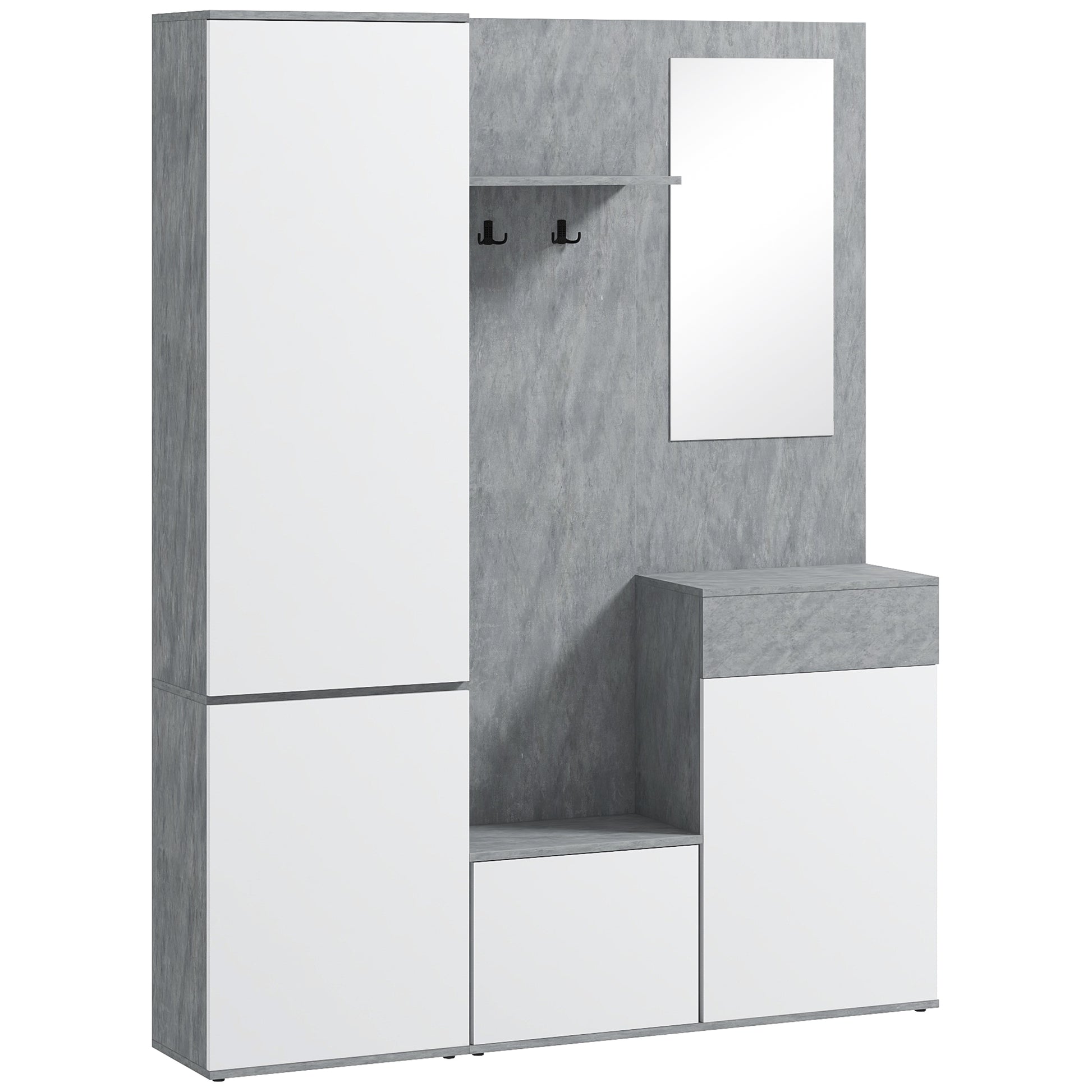 Entryway 4-in-1 Coat Rack Mobile with Mirror, Hooks, and Adjustable Interior Shelves, Multi-Purpose Wood Entryway Mobile with Drawer, 145x29x184 cm, Gray and White